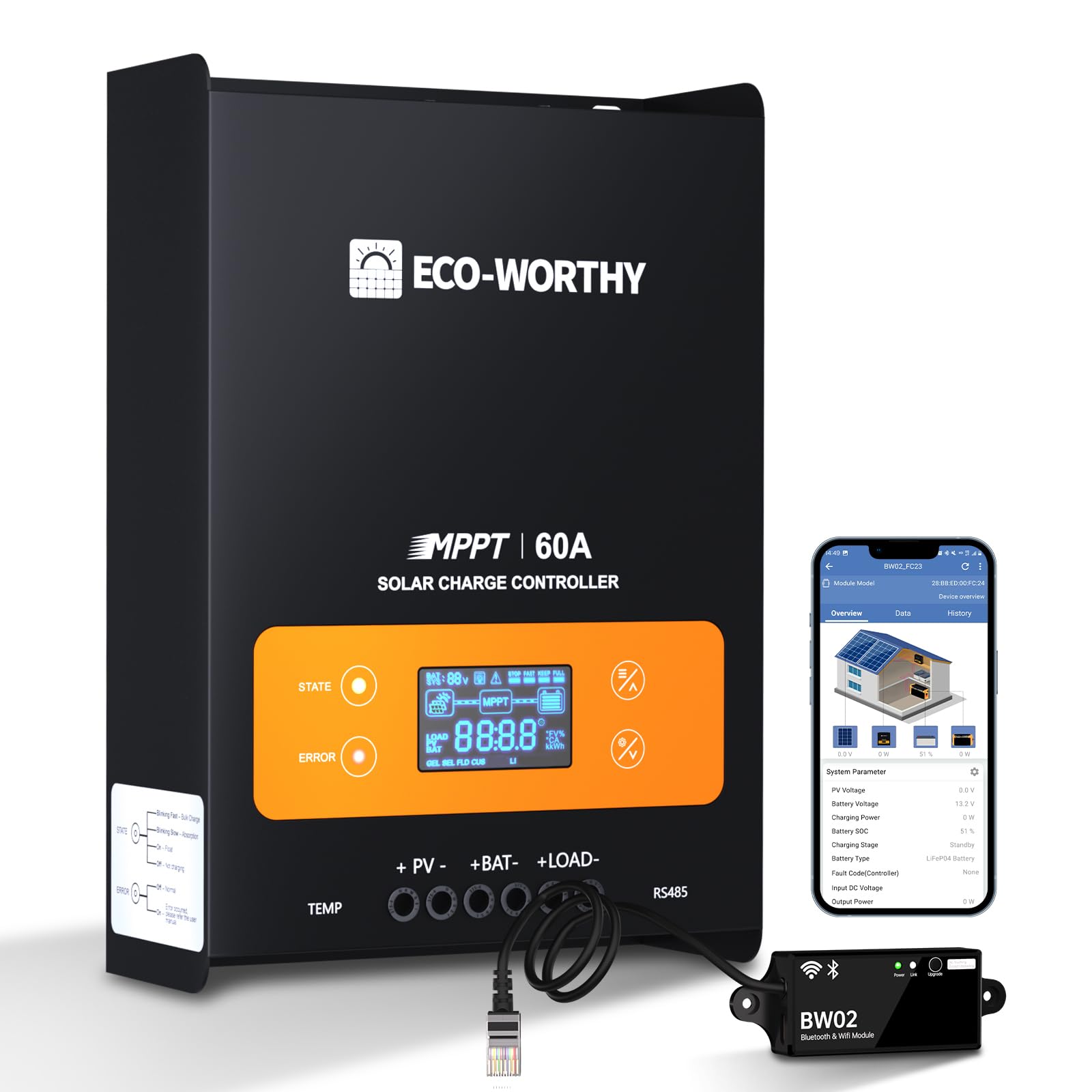 Photo 1 of ECO-WORTHY 60A MPPT Solar Charge Controller with Bluetooth&WiFi, Max PV Input 150V,12/24/36/48V Solar Panel Regulator for Lead-Acid/Lifepo4 Battery in Solar System RV