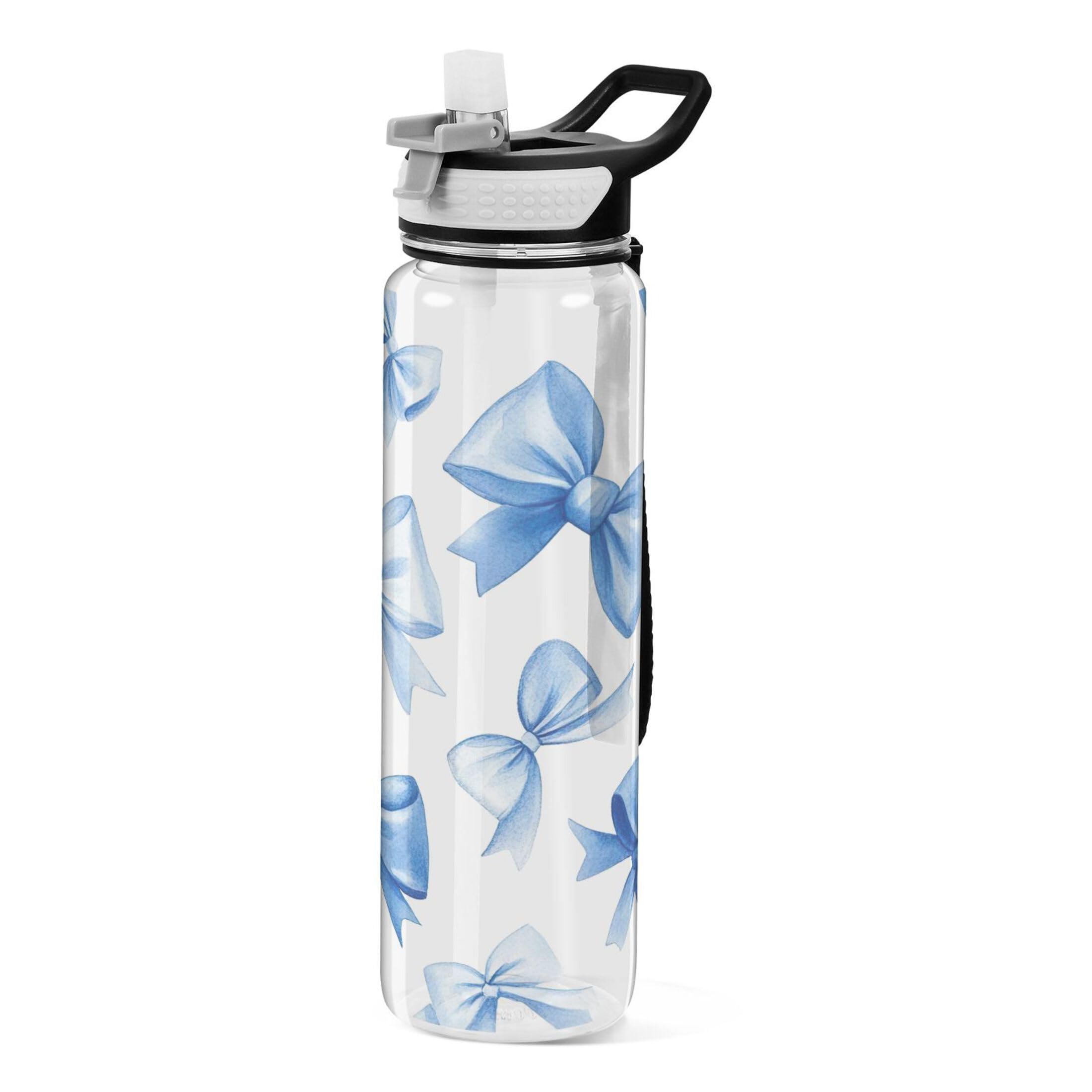 Sevdomey Blue Bows Water Bottle With Straw Lid Clear Leakproof Gym Water Bottles For Outdoor Sport Drinking Fitness Workout Travel, 32 Oz