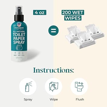 Aromasong 100% Natural Toilet Paper Spray for wiping Flushable Wet Wipe Alternative - Toilet Paper Moistener for Personal Cleansing - Septic Safe, 4 fl oz