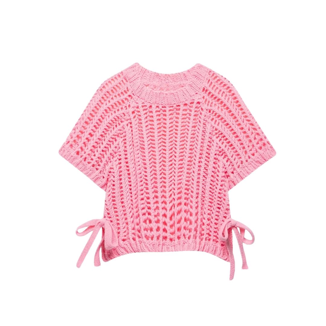 Maglione da donna casual con lacci a girocollo a maniche corte Top Loose Fit Knit Pullover