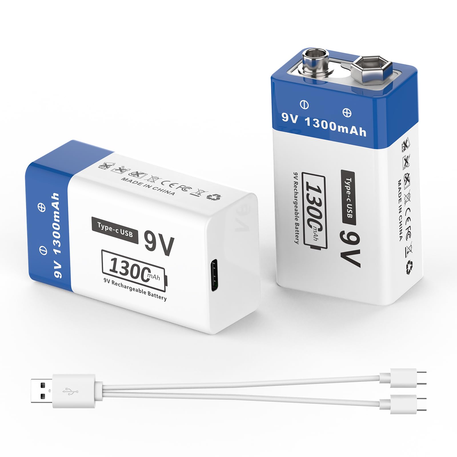 1300 mAh Rechargeable 9 V Batteries - JUBOTY Lithium-Ion Battery with Type-C Charging Cable for Smoke Detectors, Wireless Microphones, LED Lighting Devices and More (4, 9 V, 1300 mAh)