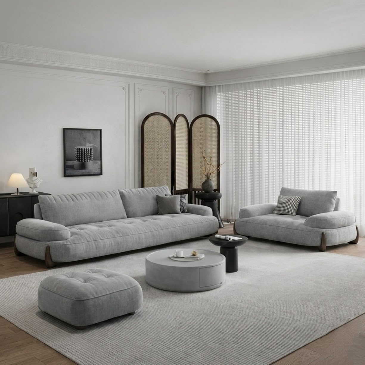 Modern Classic Chesterfield Sofa for Living Room Bedroom Reception and Office 3+1+Ottoman Sofa for Living Room (Gray)-image-49