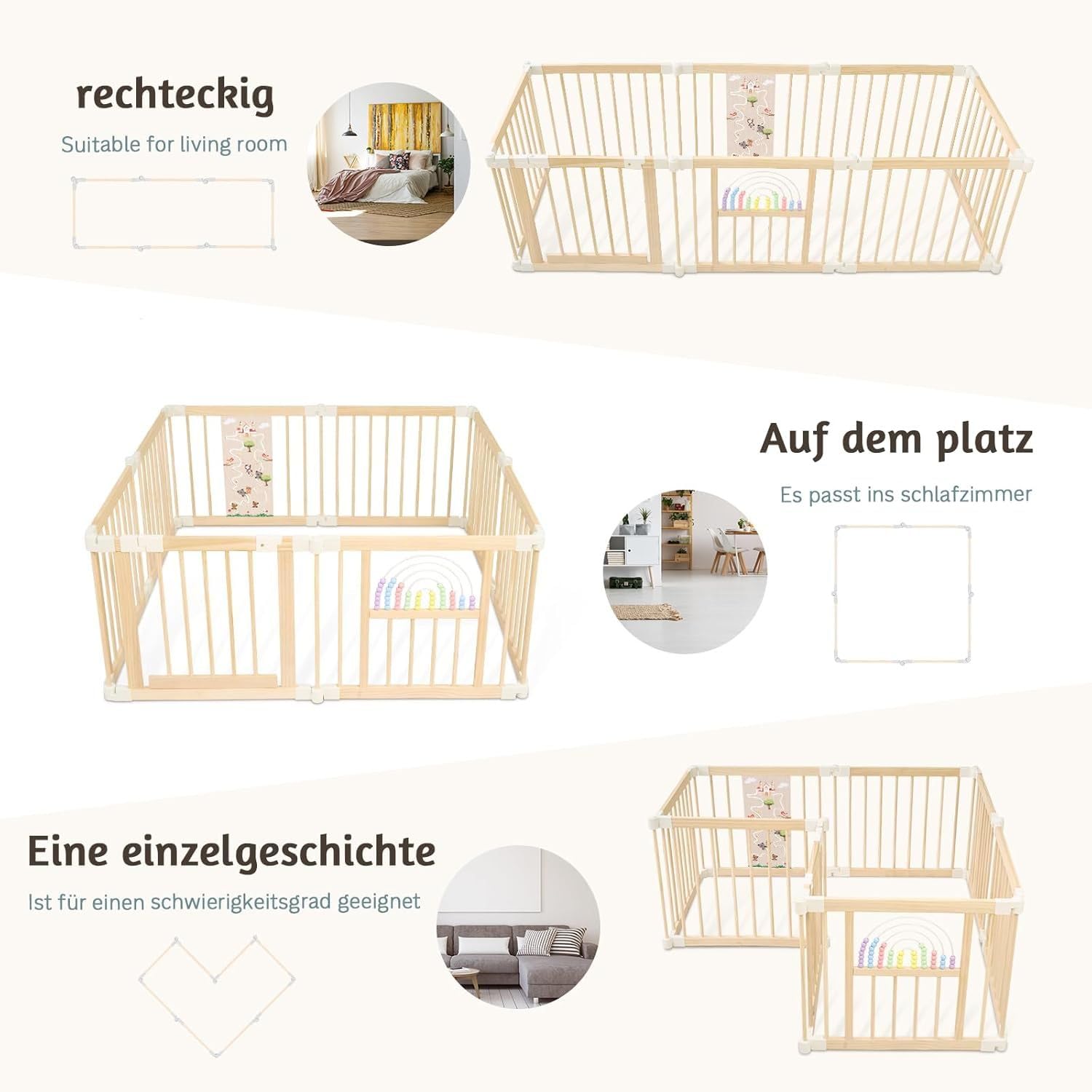 Baby Laufstall mit Spielzeug, Faltbares Holz Laufgitter 145×145×61cm | Sicherer & stabiler Großes Babys Laufgitter,Nachhaltiger Laufstall,Fröhliche Krabbelbereich für 1-3 Jahren Babys＆Kleinkinder