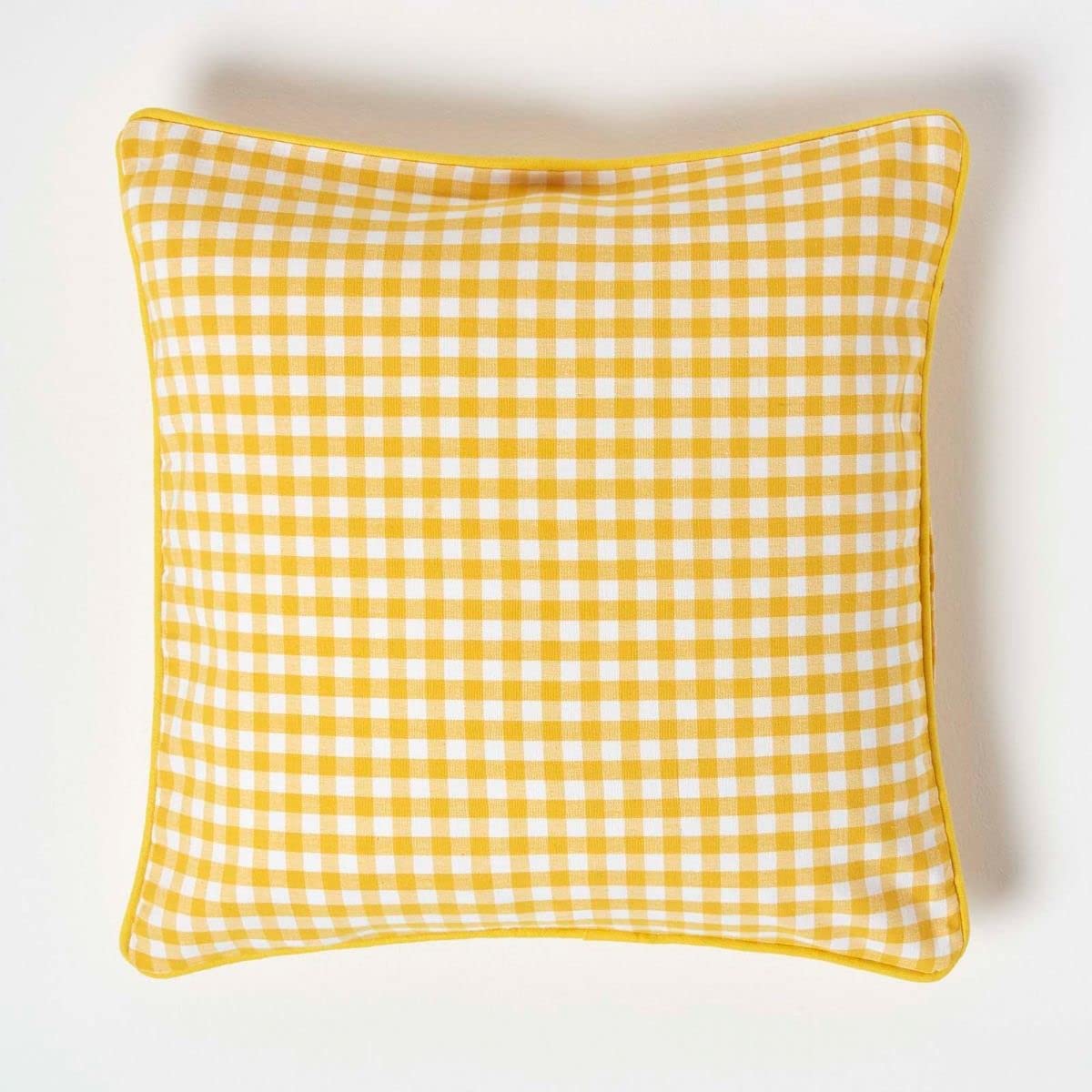 HOMESCAPES - 100% Cotton - Gingham Check - Cushion Cover - 45 x 45 cm Square - 18 x 18 Inches - Yellow White - 100% Cotton Sofa Pillow Cushion Cover - Washable