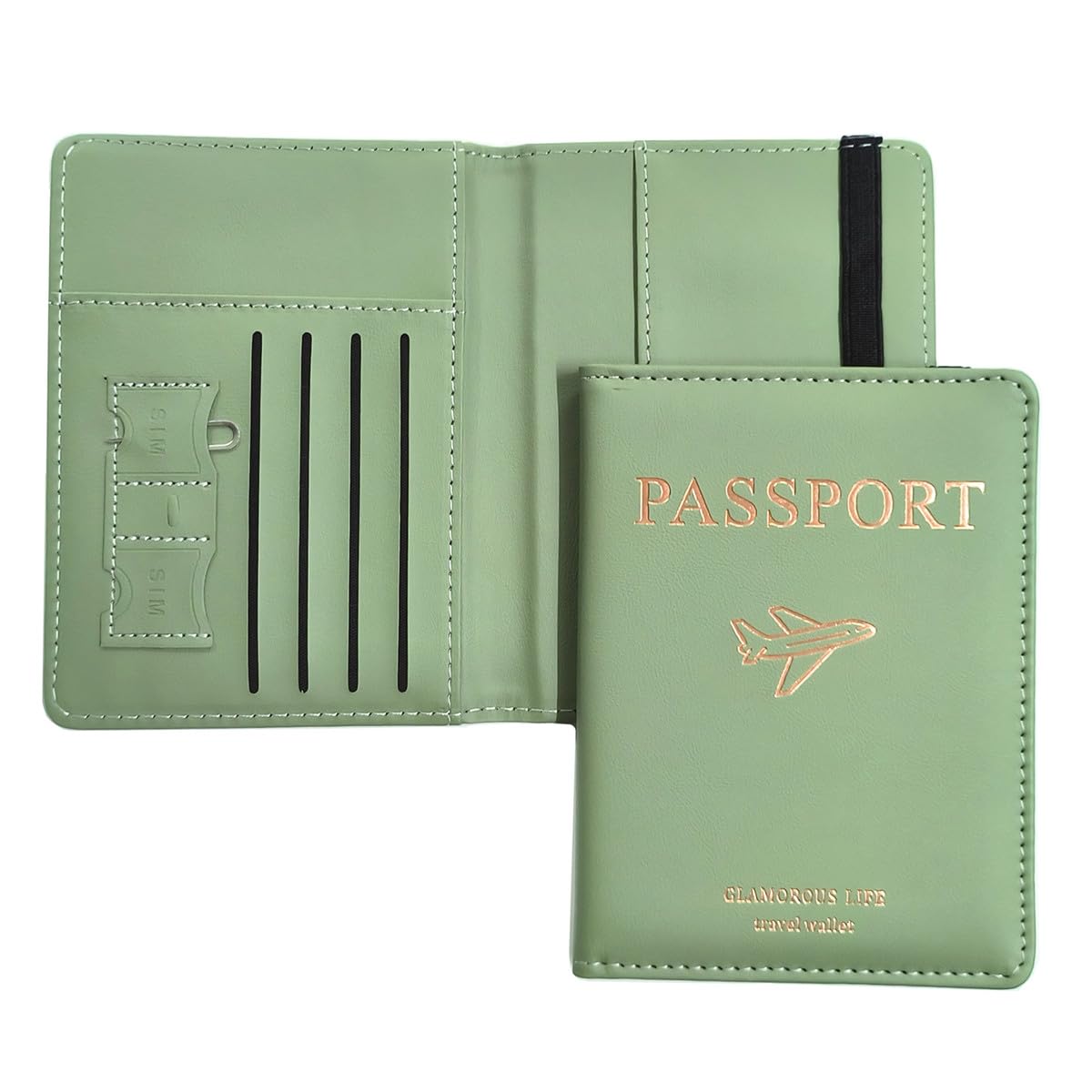 SamHengAirplane Passport Holder, Universal Passport Cover with Card Slot & Elastic Strap for Women Men, PU Leather Travel Wallet Organiser for Passport Tickets Credit Cards Boarding Passes (Green)
