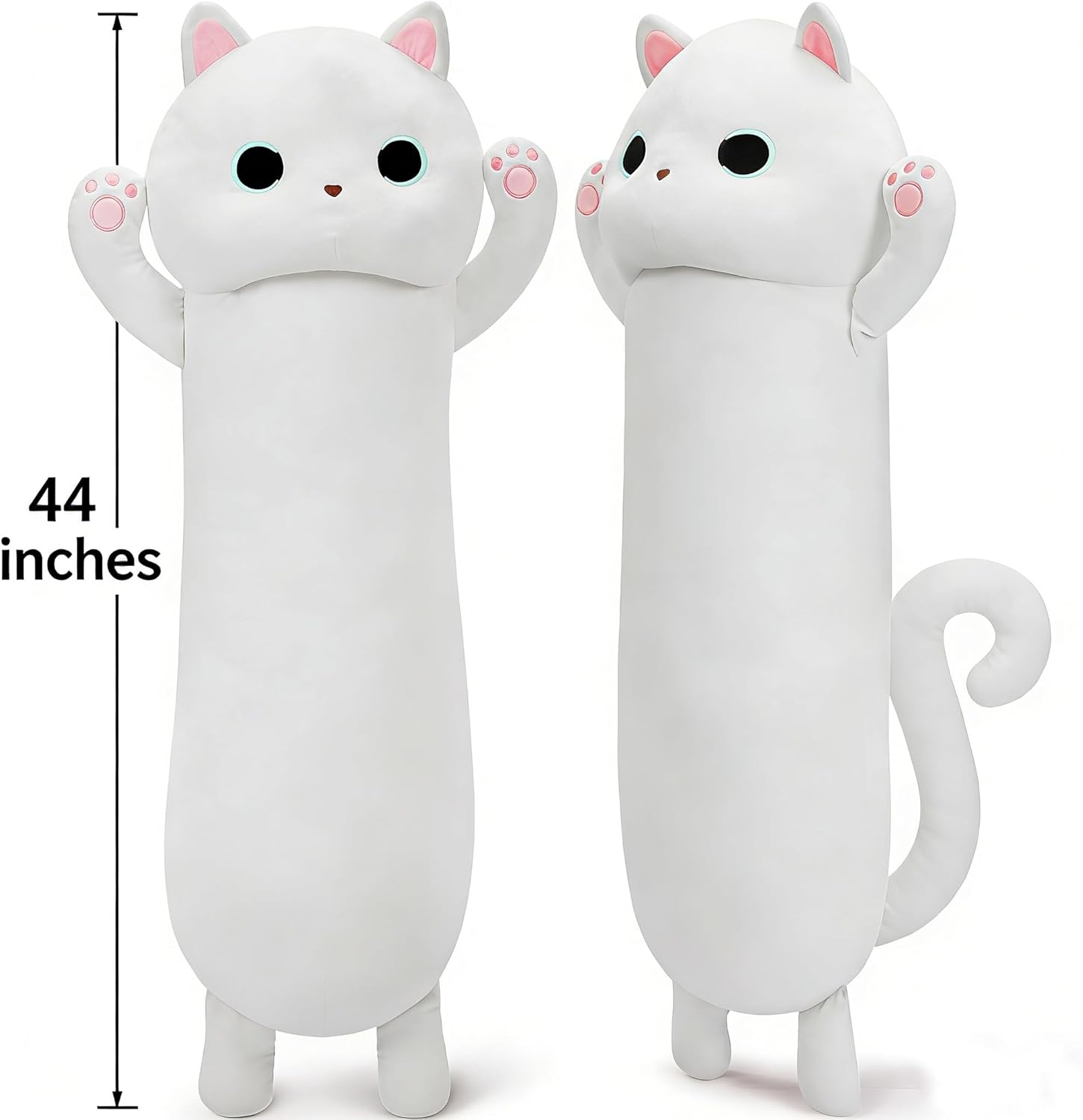 MaoGoLan Long Cat Plush Body Pillow, 44'' Giant White Glow in The Dark Cat Stuffed Animal Toy for Girl Boy Kid, Big Cute Kitty Plush Throw Pillow for Valentines Birthday Gift, Baby Shower Party Decor