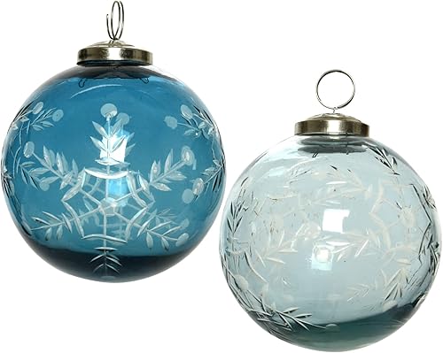 Adornos de cristal azul juego de 2 adornos de copo de nieve grabados