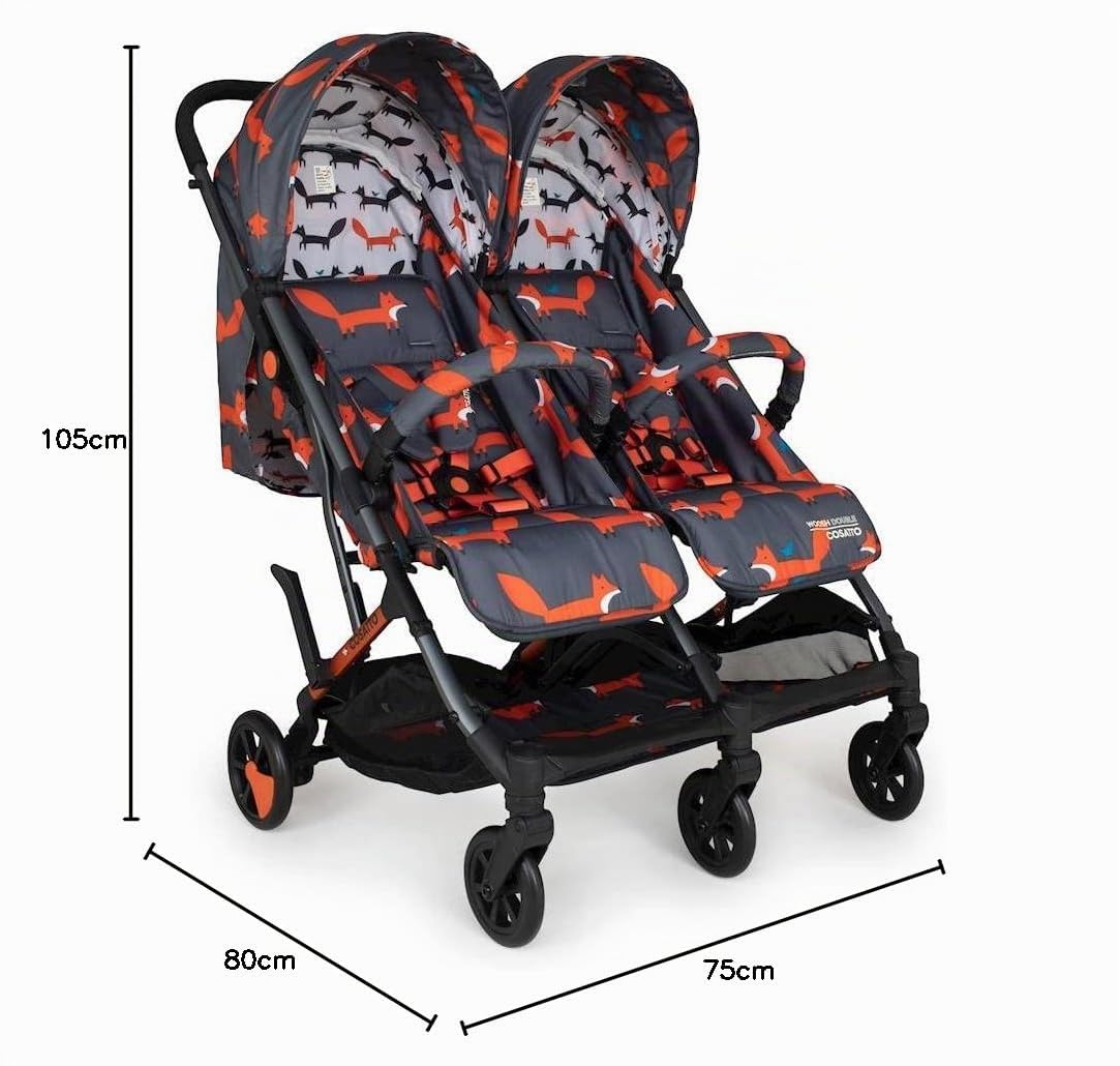 Cosatto Woosh Poussette double légère de la naissance à 22 kg, jumeaux ou frères et sœurs – Pliage à une main, compact, sièges indépendants Anthracite Mister Fox)