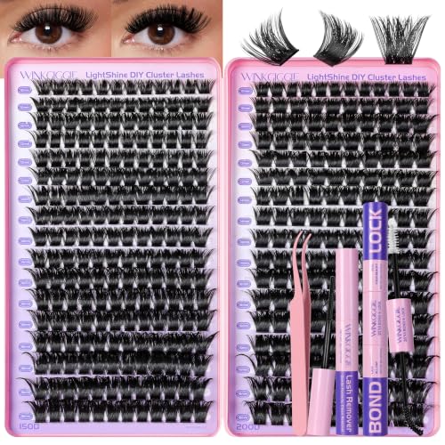 Image of Fluffy Lash Clusters Kit, D Curl Cluster Eyelash Extensions Kit at Home with Bond Seal Tweezers Remover, 150D+200D | 10-18mm | 374Pcs