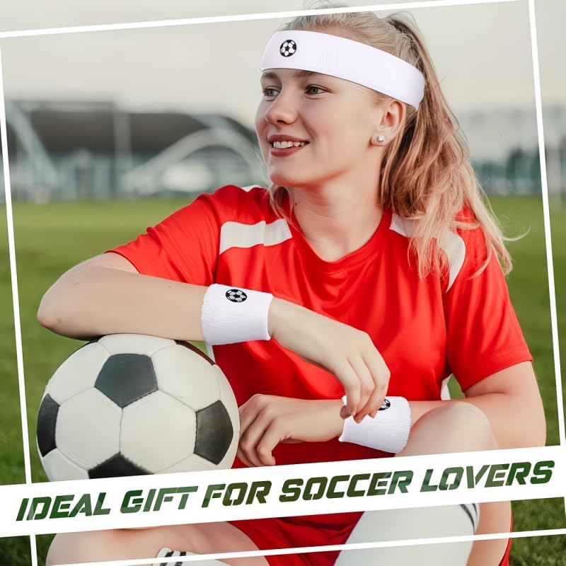 Sports Headband with Wristbands, White Soccer Pattern, High Elastic Sweatband for Basketball, Running & Fitness