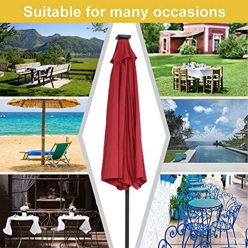 Aurora Furniture 9 Ft Strip Light Outdoor Patio Umbrella, Folding Market Table Sunbrella Waterproof Umbrella with Solar Energystorage Panel for Yard Lawn Beach, Base not Included, Wine Red