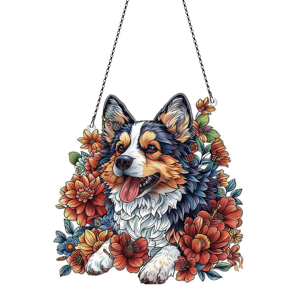 Husky with Tattoo and Flower Ornament Acrylic Window Hanging, Gift for Dog Lovers, Home Wall Room Hanging Decor, Christmas Decorations