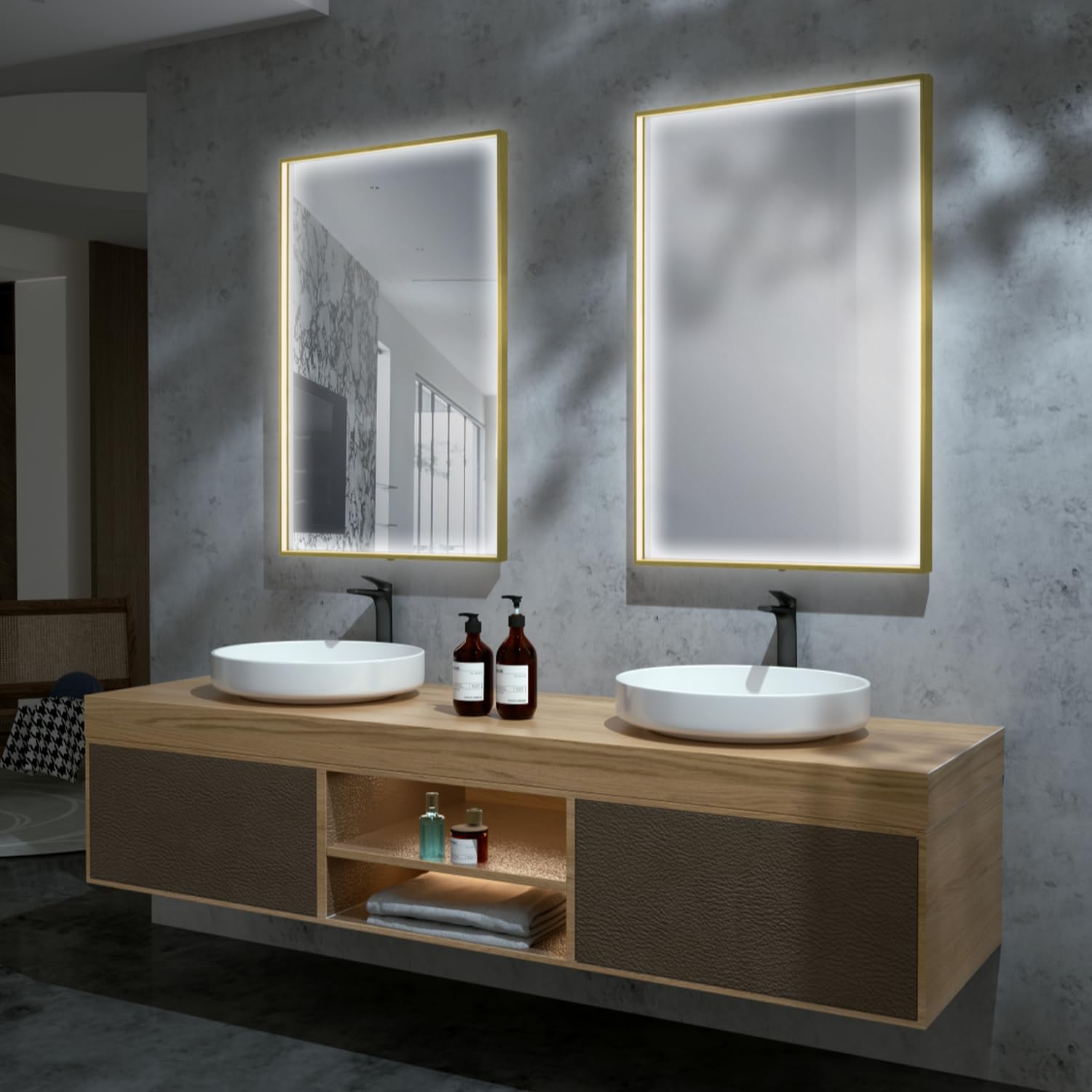 LEDIMEX - Espejo Baño con Luz LED y Antivaho 120x80cm | Espejo Cuarto de Baño con Luz Perimetral (Cálida, Neutra y Fría) y Sensor ON/Off | Espejo Rectangular de Pared con Marco Dorado para Mueble