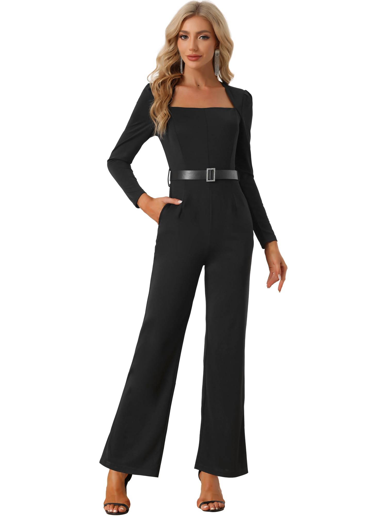 Allegra K Mono Elegante de Manga Larga para Mujer con Cuello Cuadrado Pierna Ancha Pantalones Largos Elegantes