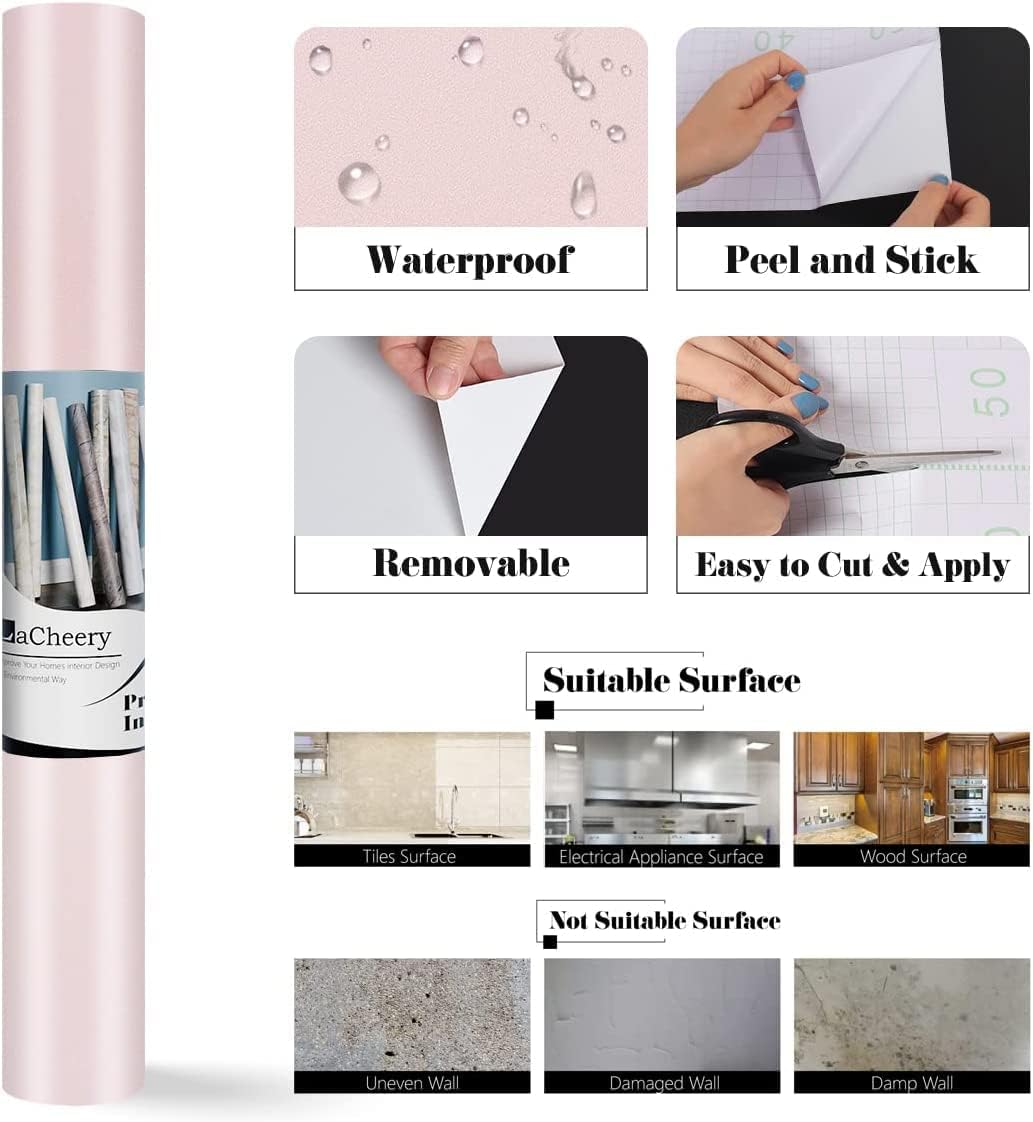 LaCheery 24"x160" Pink Wallpaper for Bedroom Champagne Pink Peel and Stick Wallpaper 24 Inch Wide Removable Light Pink Contact Paper Peel and Stick Pale Pink Wallpaper Textured for Nursery Wall Drawer