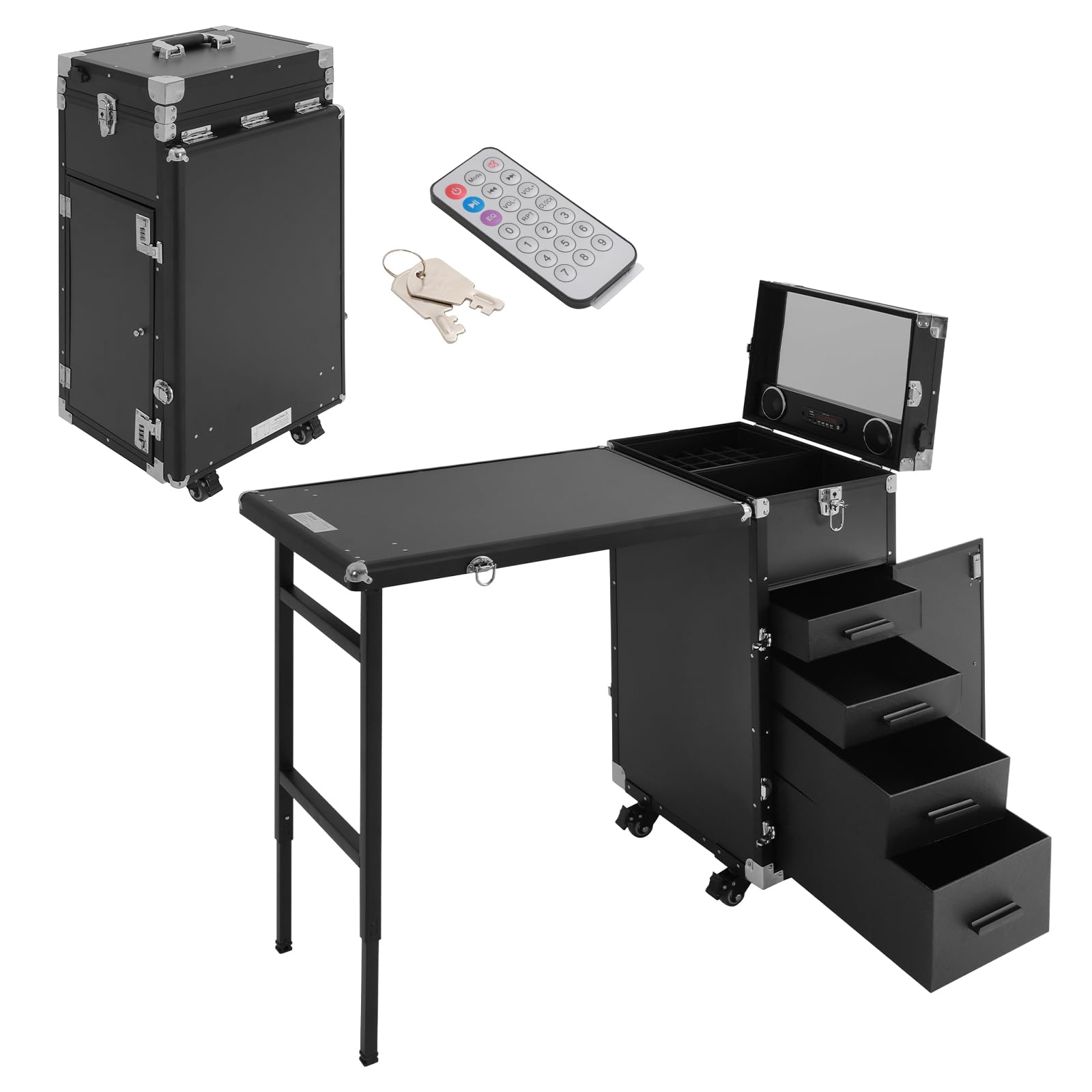 Nageltisch Maniküretisch, Faltbar Mobile Rolling Maniküre Tisch mit Fernbedienung und Make-up-Zug Koffer, Nageltisch mit 4 Schubladen für Heimtechniker, Spa, Schönheitssalon, Arbeitsplatz (Schwarz)