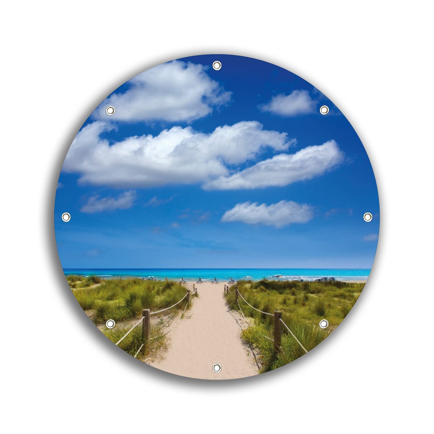 Wallario rundes Outdoor-Poster für Garten oder Balkon Sandweg zum blauen Meer mit blauem Himmel, Motivbanner 30 cm Durchmesser
