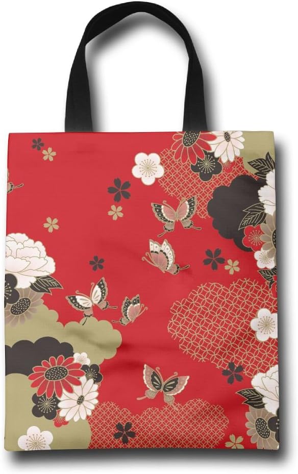 HAIDILUN Japanese Red Style Beauty Floral Pattern Grocery Tote Bag Polyester Reusable Shopping Tote