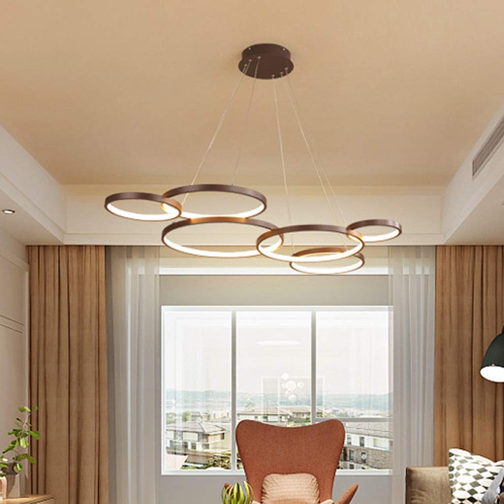 Lampa wisząca LED, 88 W, ściemniana, z pilotem zdalnego sterowania, z regulacją wysokości, żyrandol do salonu, jadalni, biura, sypialni, baru, kawiarni, 6 pierścieni, aluminiowa lampa sufitowa