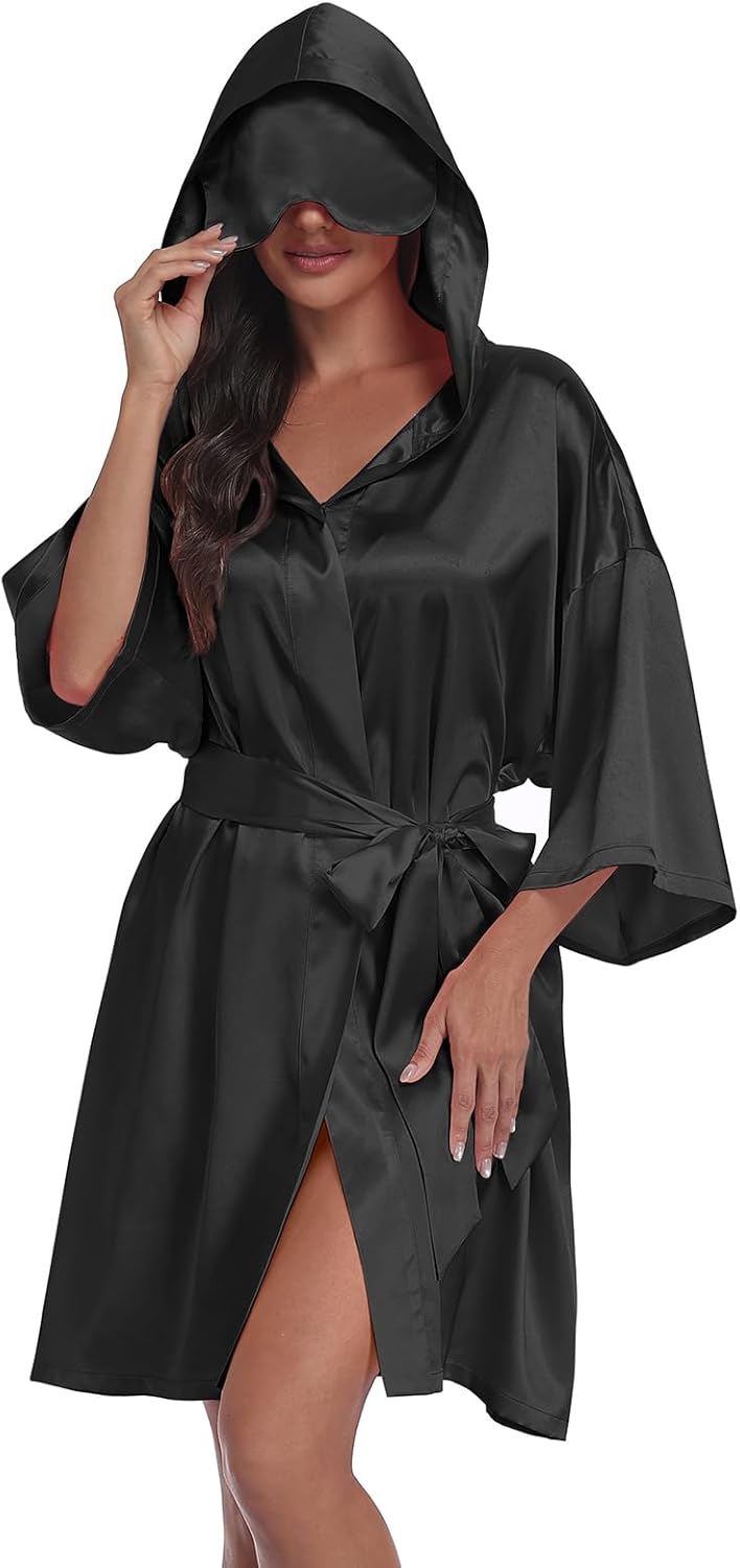 SeSe Code Womens Hooded Satin Robe with Built-in Eye Mask Silky Sleepwear with Snap Closure Bridal Travel Loungewear - Image 2