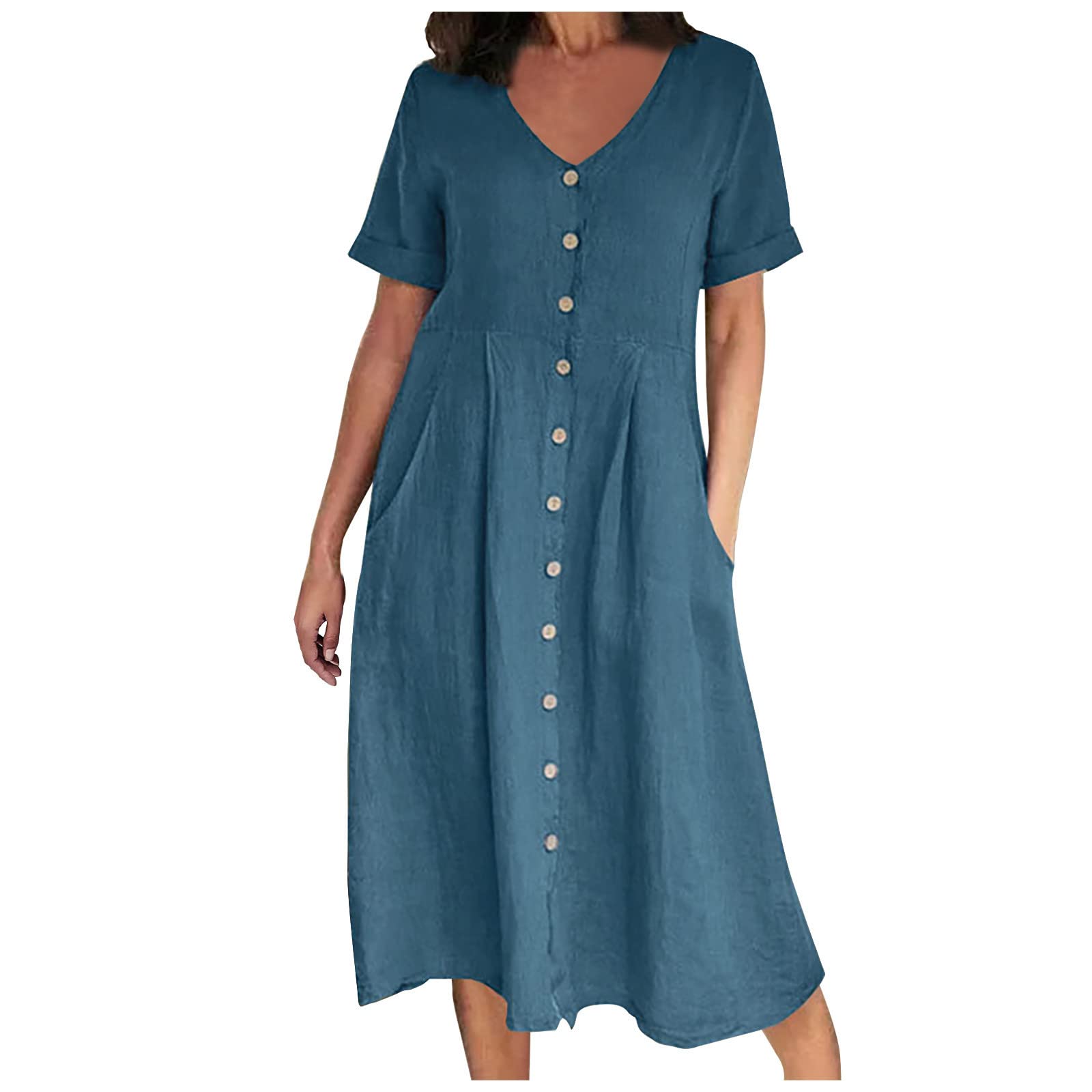 Womens Plus Size Cotton Linen Summer Dress Casual V-Neck Solid Short Sleeve Button Pocket T-Shirt Dress