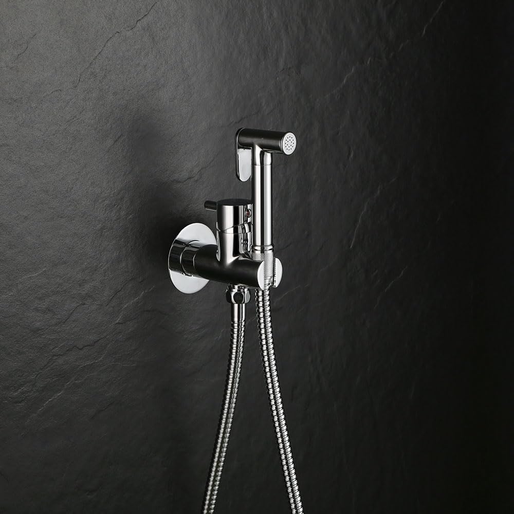 Kibath L473551 Grifo para el WC, higiene íntima para sustitución del Bidet, Monomando Agua fría y Caliente con Ducha de Mano. Diseño Redondo, Cromo Brillo