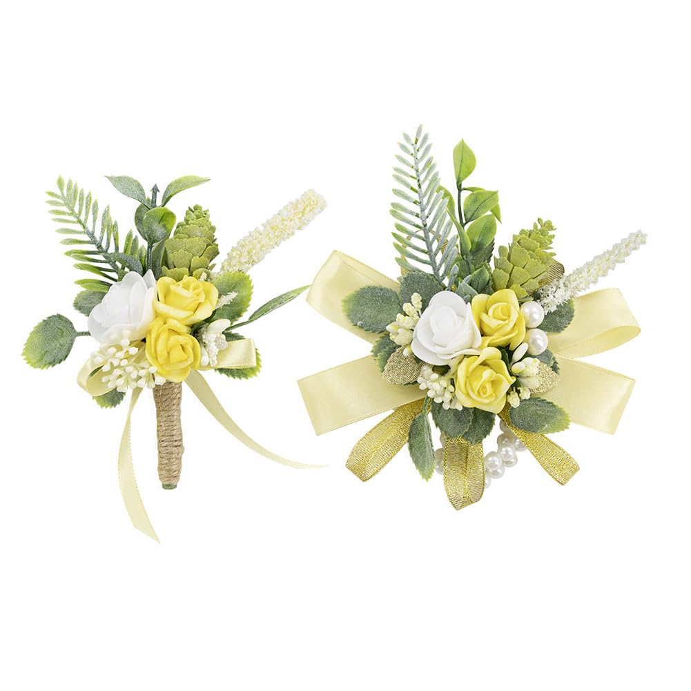 Yelinart Men's Yellow Corsage And Boutonniere Set Wrist Corsage Wristlet For Prom Groom Flower Boutonniere For Wedding Party Homecoming Accessories Suit