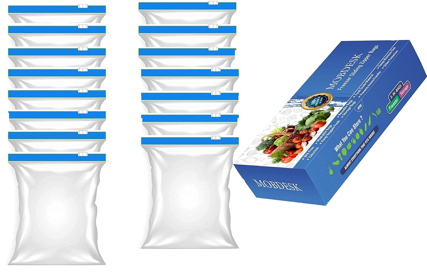 MOBDESK 15 Blue Zipper Bag | Zip Lock Pouch Veg Bag | Bags for Storage | Freezer Bags | Transparent Pouch | Multi-Purpose Storage Slider Bags | Reusable Ziplock Pouch | Food Storage Bag