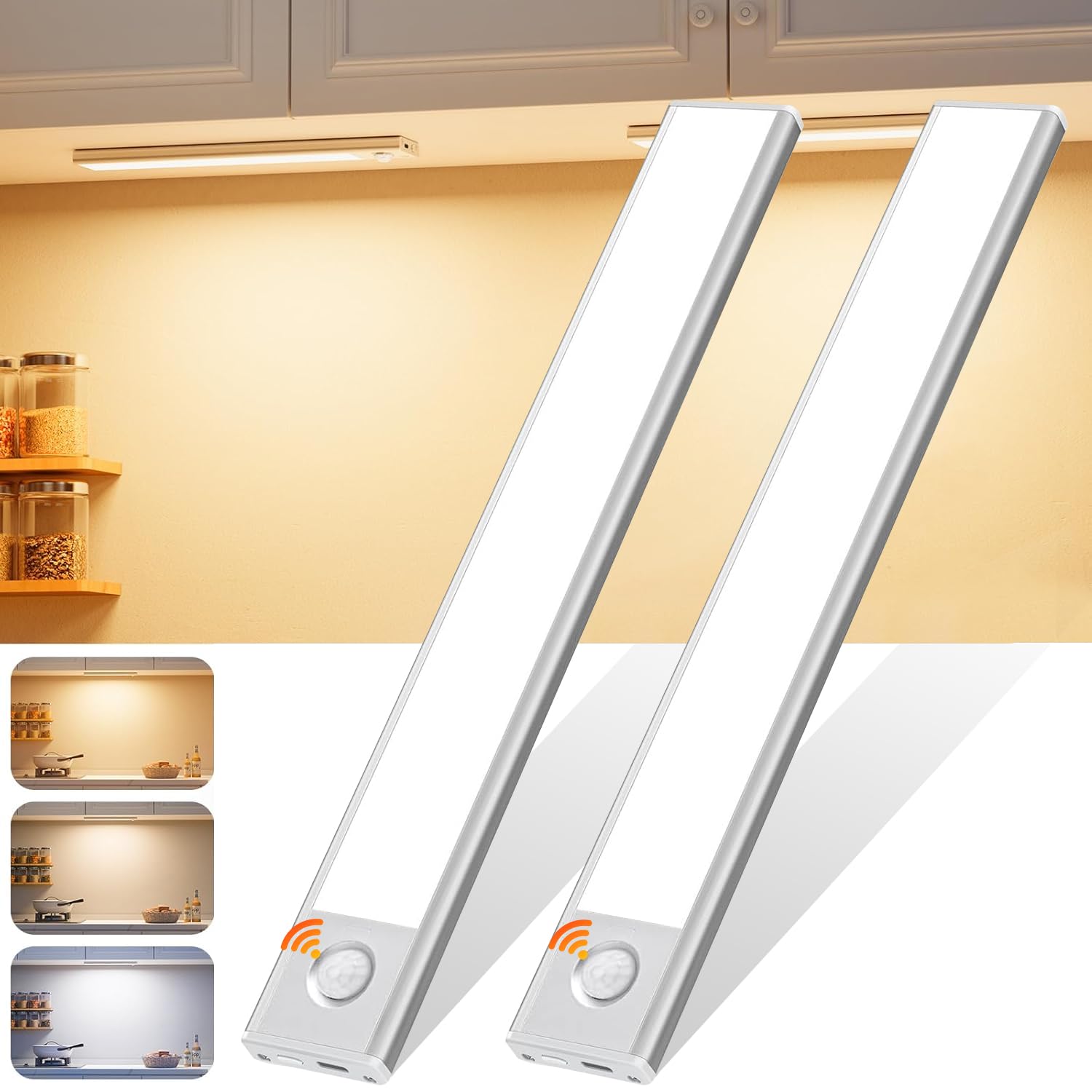 Necomi Under Cabinet Light,2 Pack 3 Colors Motion Sensor Light 2500mAh Rechargeable Wireless Closet light,Dimmable Night Lights for Bedroom,Closet,Kitchen,Hallway, Cupboard Light,30cm
