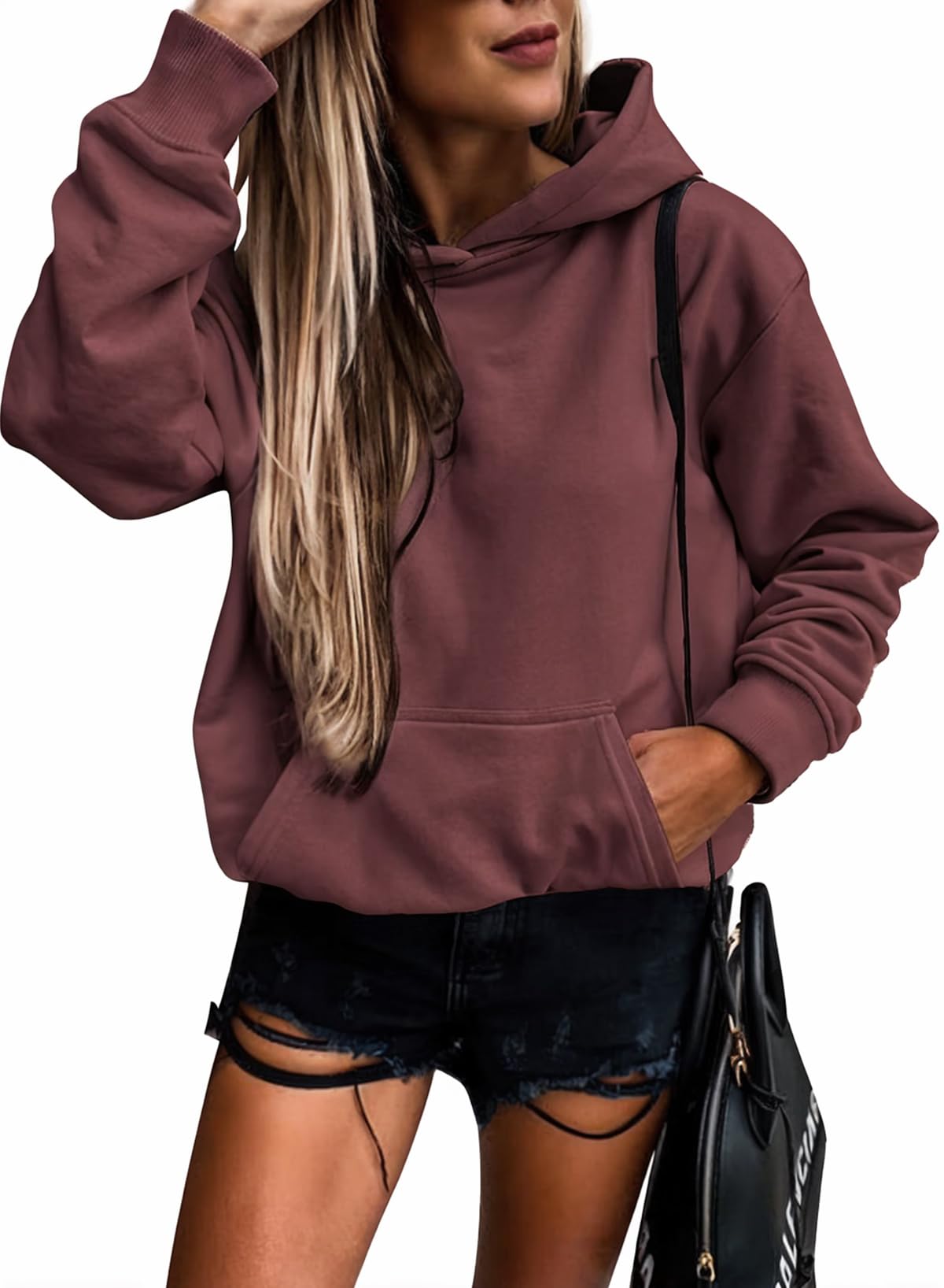 SHEWIN Women's Casual Hoodies Long Sleeve Solid Lightweight Pullover Tops Loose Sweatshirt with Pocket