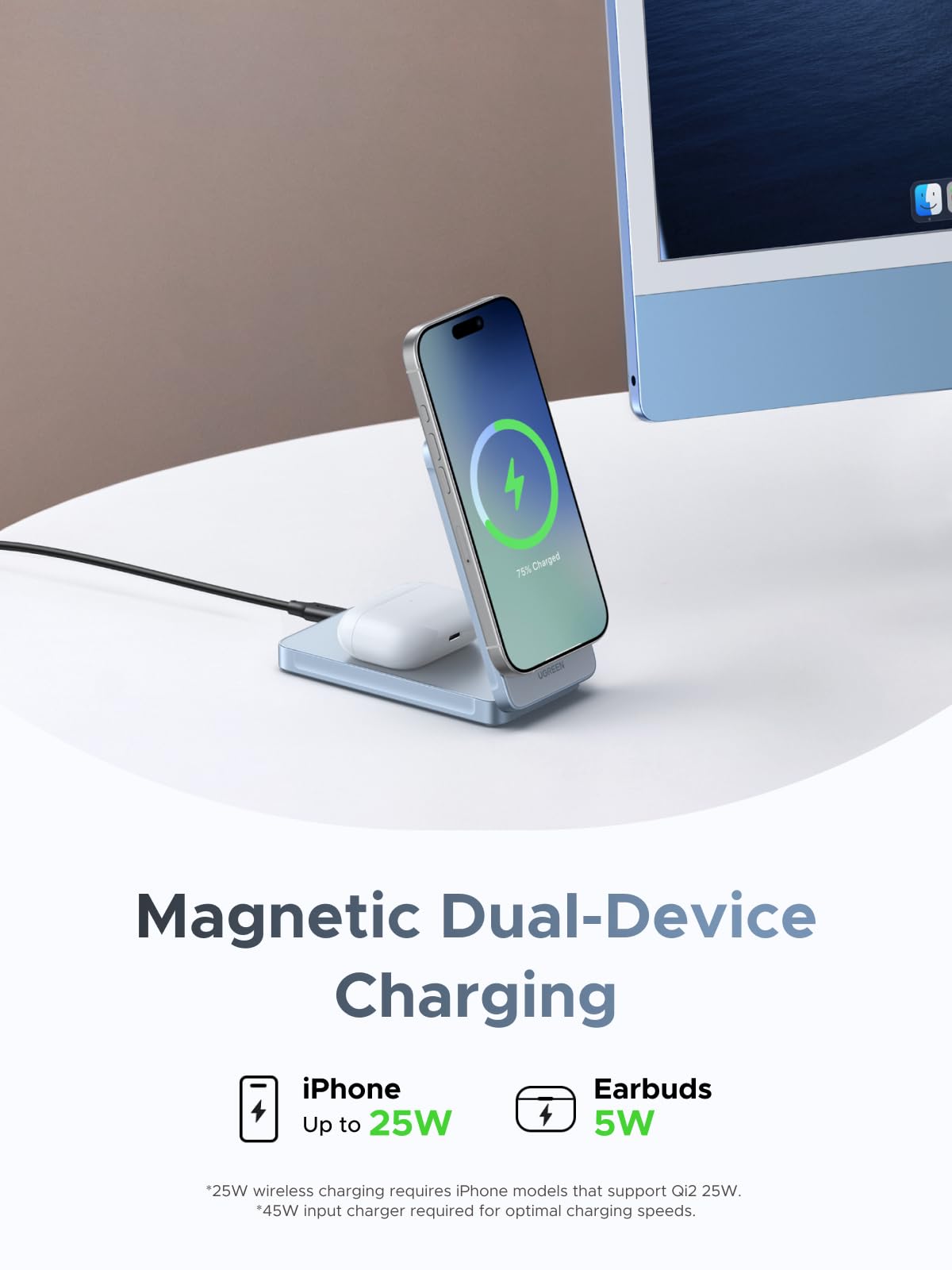 UGREEN MagFlow Qi2 25W Caricatore Wireless 2 in 1 | Compatibile con MagSafe iPhone 17 16 15 14 13 12 Air Plus Pro Max AirPods 4 3 Pro 3 2 1 Magnetico Pieghevole Regolabile
