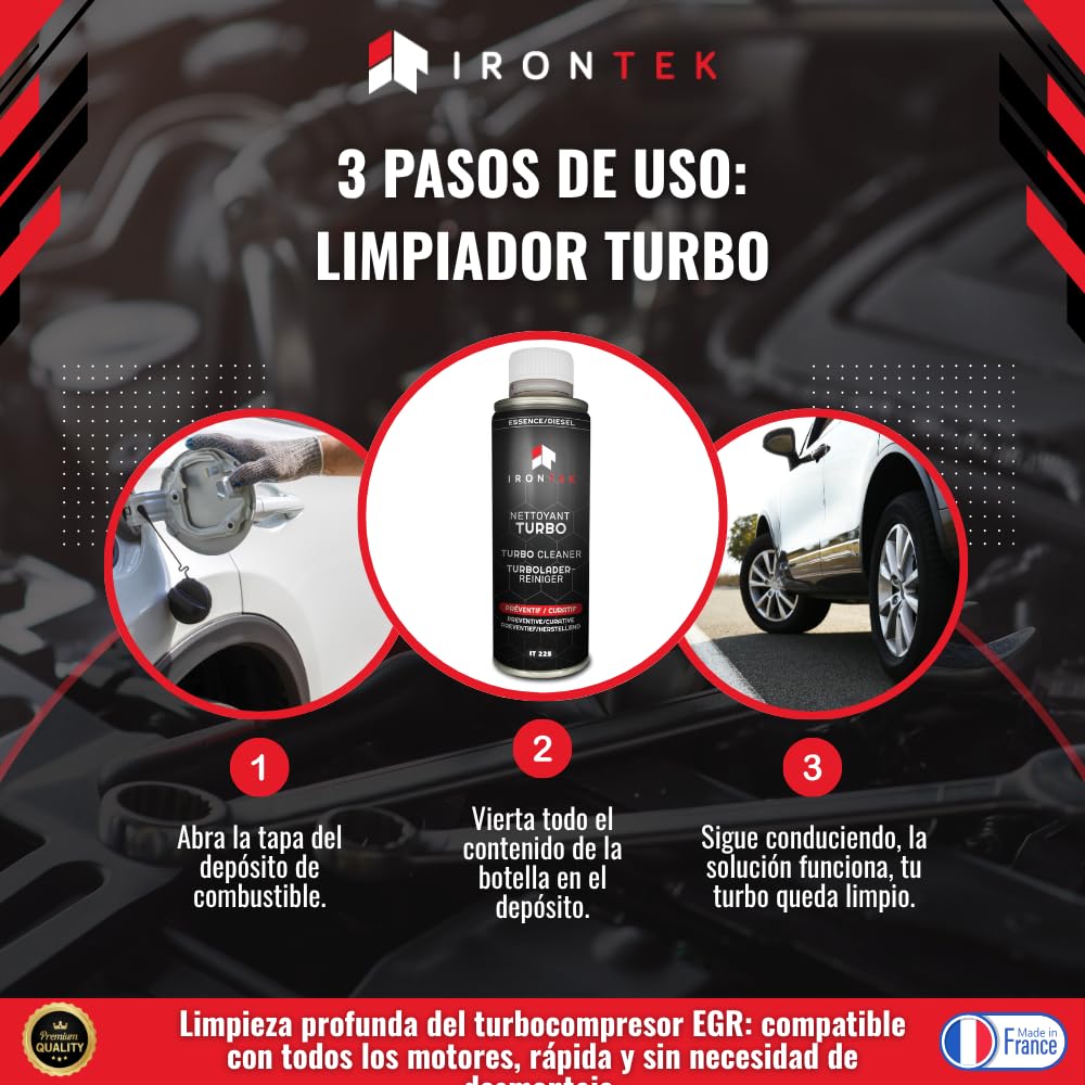 Limpiador Turbo Gasolina y Diesel 300ml - Irontek IT225 | Decalaminiza Turbocompresor sin Desmontaje | Previene Gripaje | Limpia Geometría Variable | Preventivo y Curativo | Compatible Post-Combustión