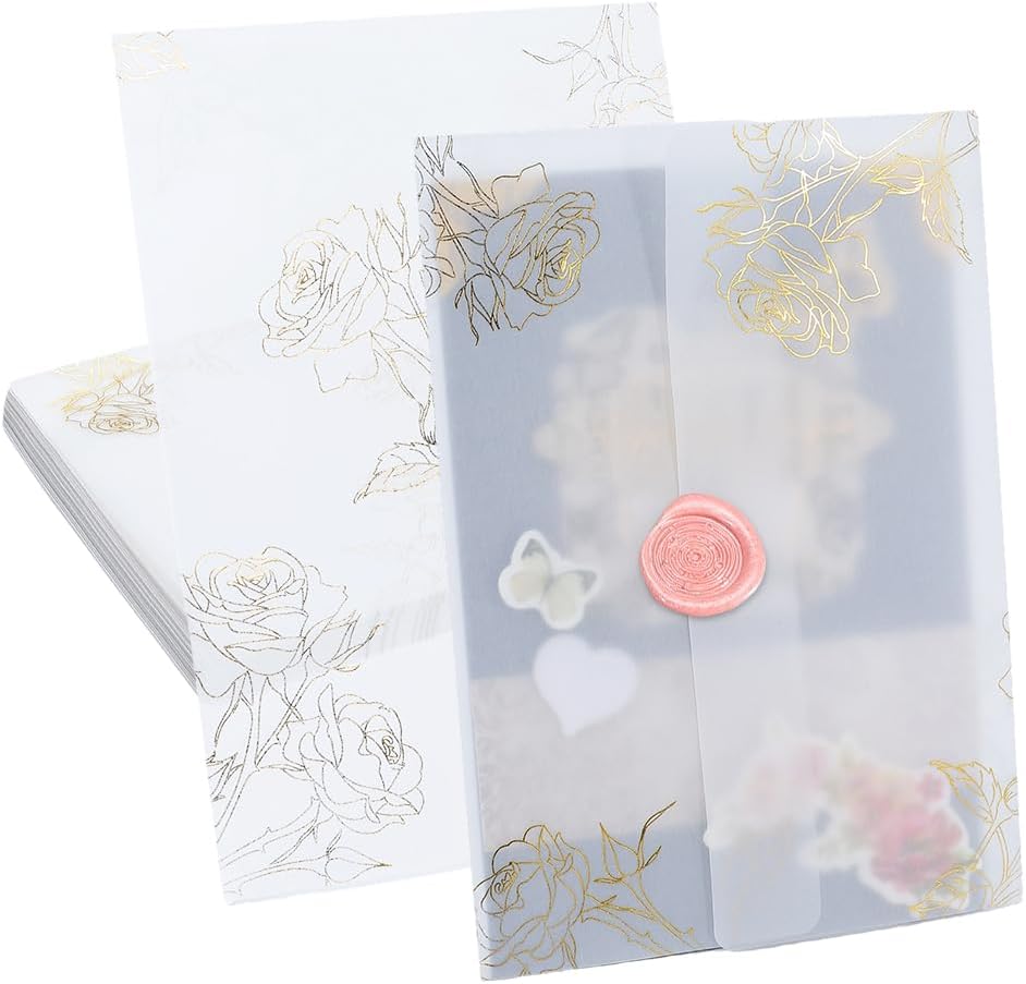 PH PandaHall 100 Pack Vellum Jackets Bulk for 5x7 Invitations, Pre-Folded Translucent Vellum Paper Wraps Clear Embossed Decorative Paper for Wedding Bridal Shower Birthday Graduation Party