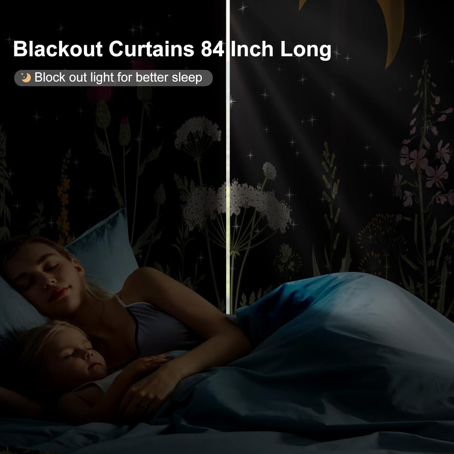 Black Floral Printed Blackout Curtains for Bedroom and Nursery, Thermal Insulated Light Filtering Drapes 84 Inch Length 2 Panels Set, Room Darkening Soundproof Privacy Winter Curtains with Tiebacks