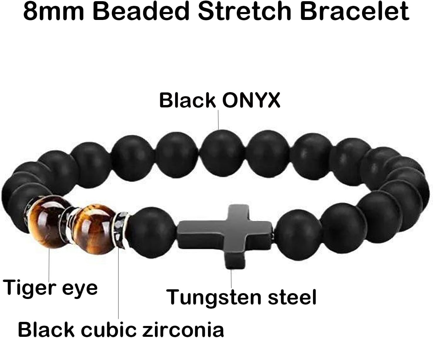 8Pcs Bracelet Beads Men Necklace Cross, 8mm Semi-Precious Gemstones Cross Beaded Bracelets Tungsten steel Necklace Set for Men Women Necklace Bracelets Jewelry Set Gift - Image 2