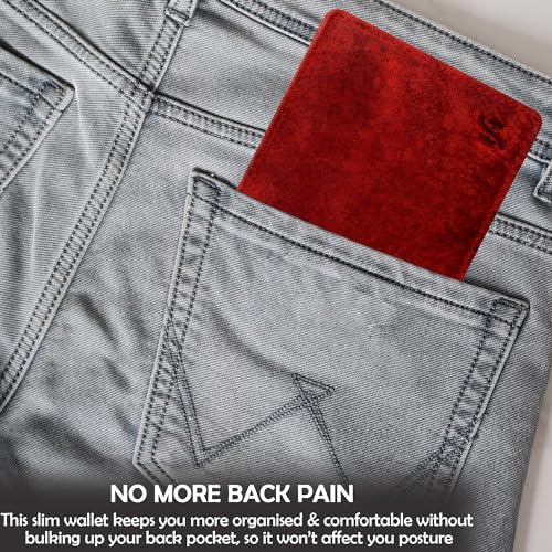 Men's RFID Blocking Real Distressed Hunter Leather Trifold Wallet Credit Card Holder Id And Coin Purse Billfold 1055 Red4