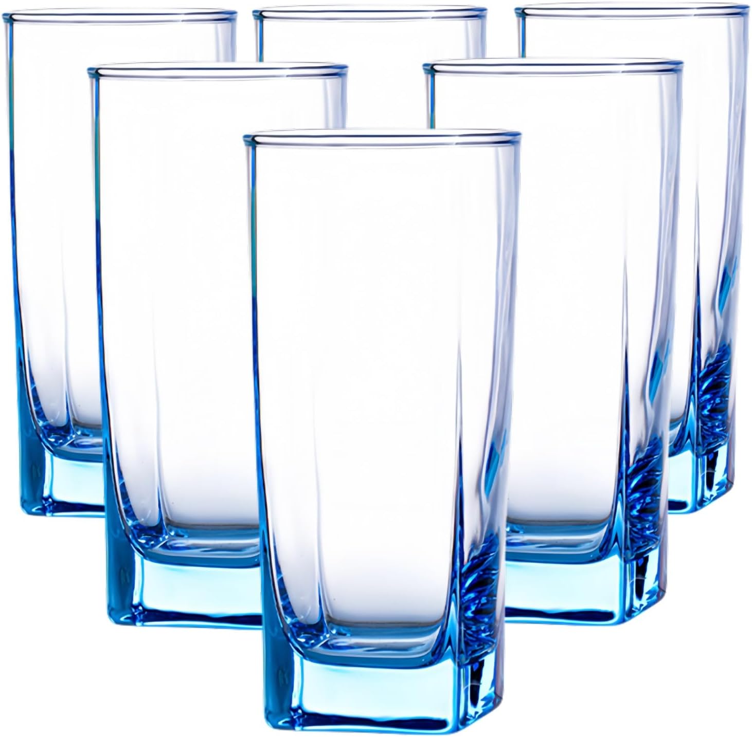 Highball Drinking Glasses, Crystal Wine Tumblers, Square Bottom Glass Cups, Beverage Cooler Glassware for Cocktial, Iced Coffee, Beer, Whiskey, Wine, Water 6pcs (blue)