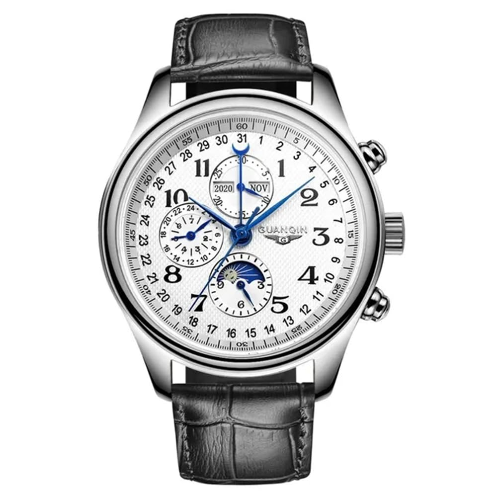 Guanqin Orologio da polso da uomo, multifunzione, automatico, automatico, meccanico, con vetro zaffiro, fasi lunari, calendario perpetuo, impermeabile, in acciaio inox o cinturino in pelle
