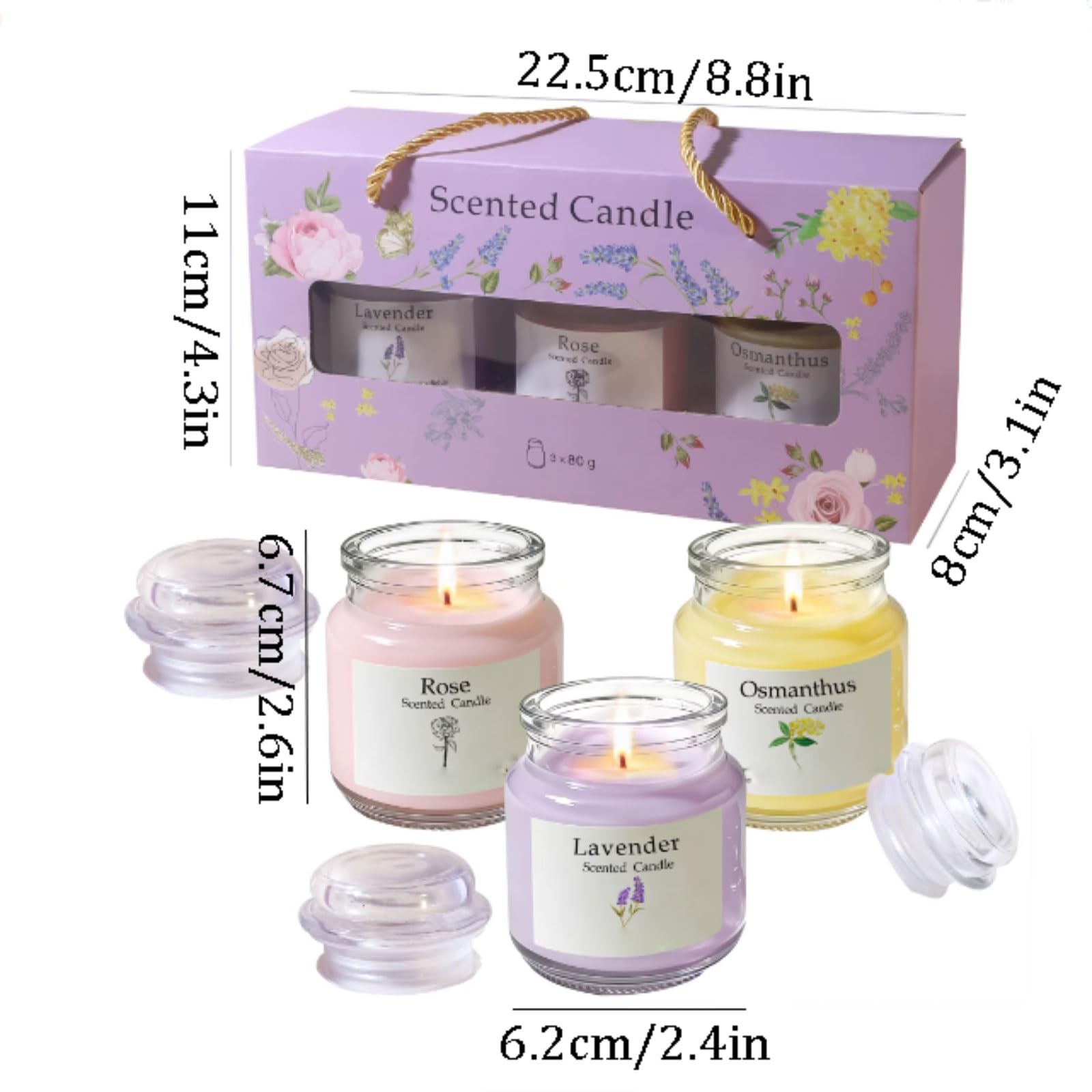Set di 3 candele in vetro alla lavanda, rosa e osmanto, moderne candele profumate riutilizzabili for la casa, le vacanze, il relax e la spa