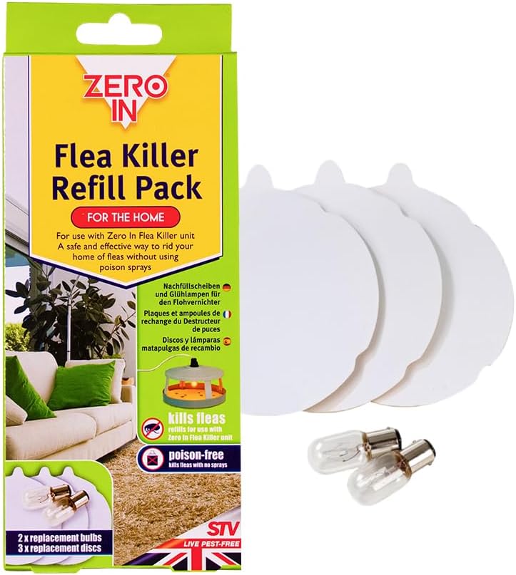 Flea Killer Refill Kit. 3 Discs and 2 Spare Lamps. Poison-Free Treatment. Targets Bedding and Carpets Over a 10 m Radius, White
