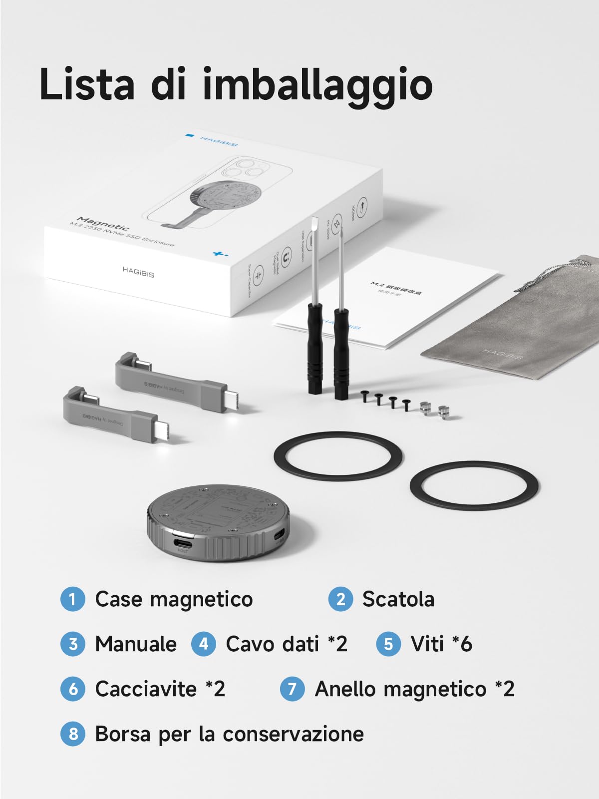 Hagibis Custodia magnetica M.2 2230 NVMe SSD con Magsafe per iPhone 15 Pro Max ProRes, USB C 3.2 Gen2 10Gbps a NVMe, custodia SSD esterna in alluminio per MacBook, iPad Pro, Android (MC100)