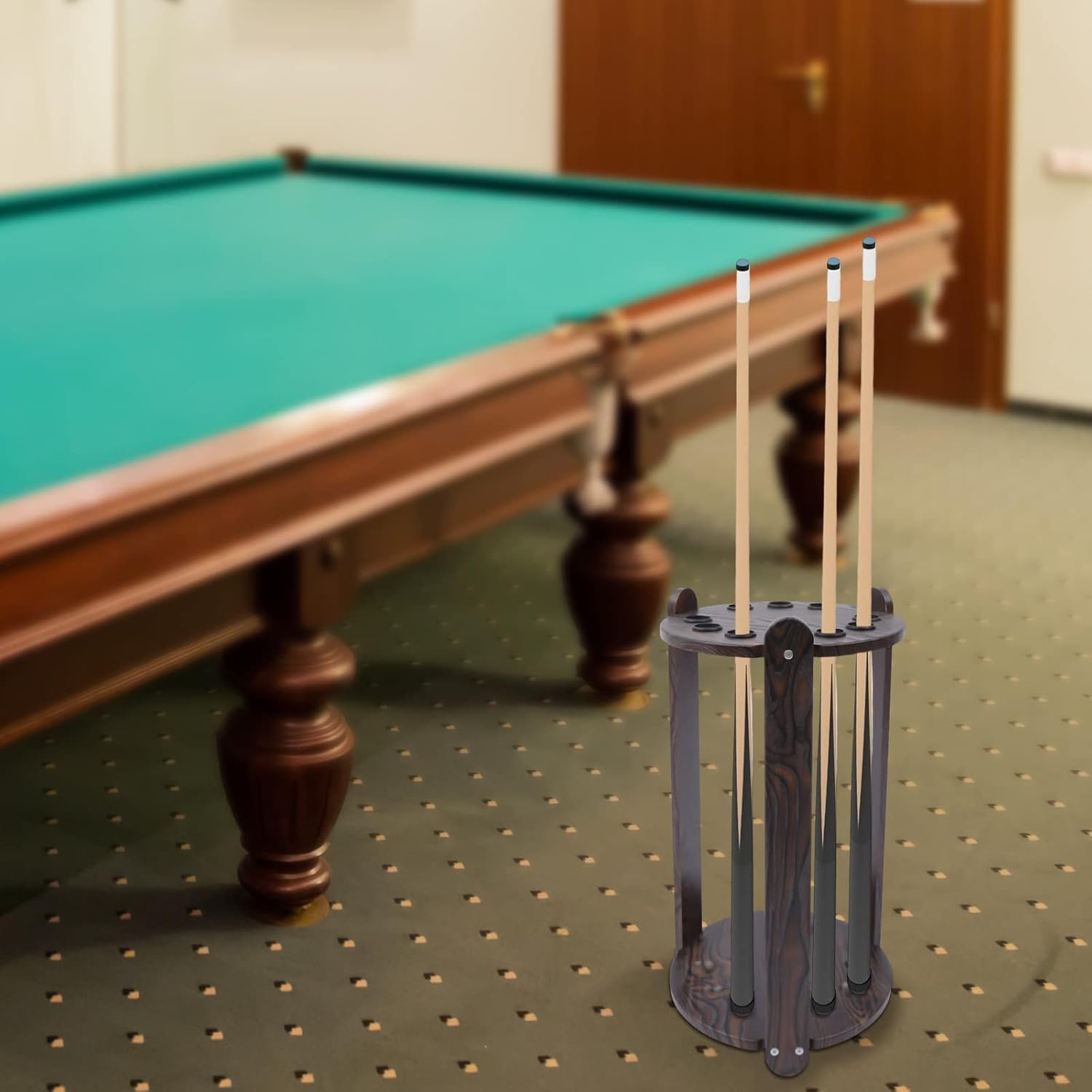 Pool Stick Holder Floor Stand 9-Cue, Wooden Billiard Cue Rack Freestanding Round Billiard Cue Rack Hold 9 Cues for Storing Golf Clubs Fishing Rods (9 Holes Round)
