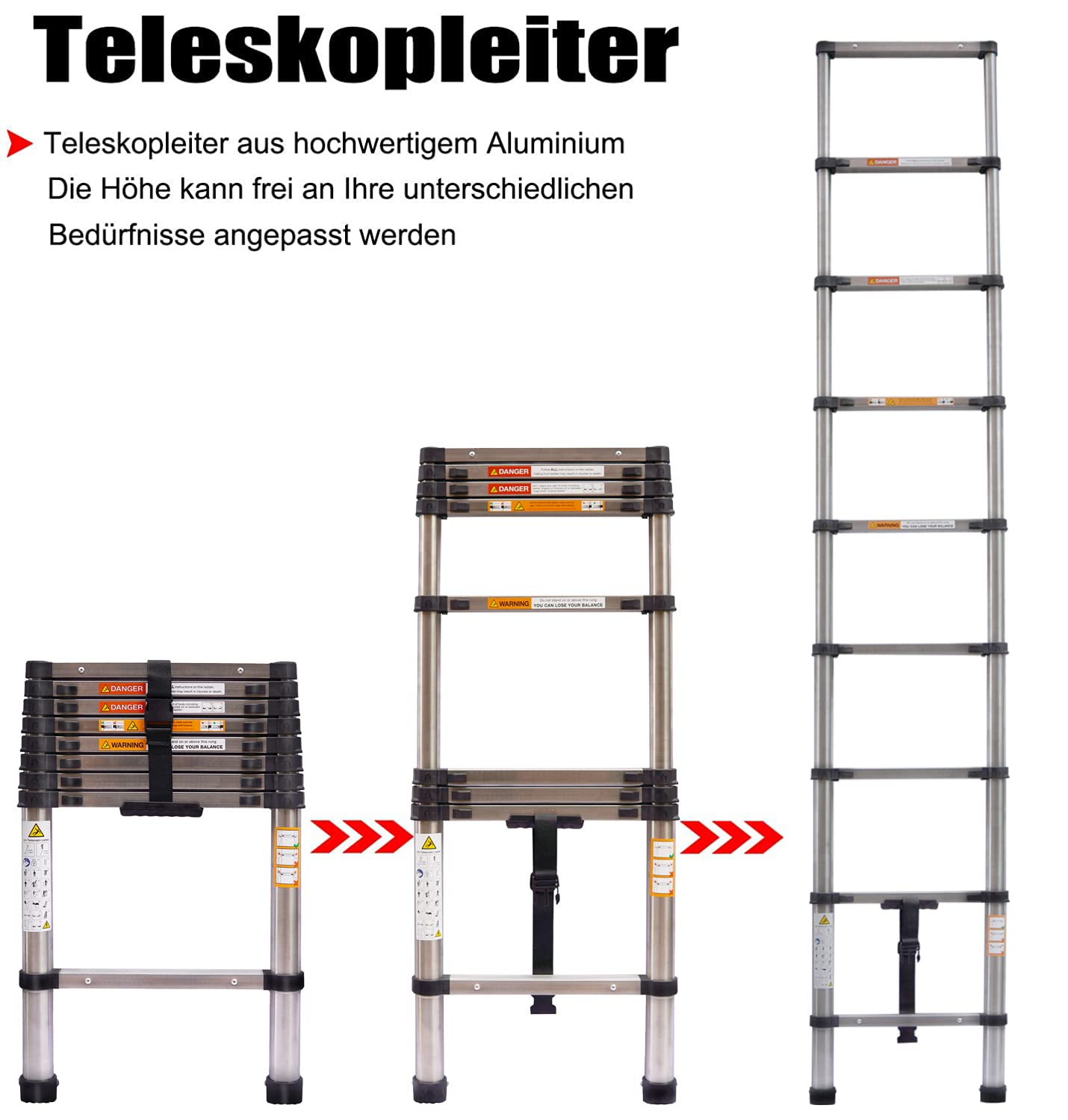 Drabina teleskopowa 2,6 m, drabina teleskopowa ze stali nierdzewnej, wielofunkcyjna drabina wysuwana, antypoślizgowa drabina składana, drabina wysuwana, obciążenie 150 kg, certyfikat EN131