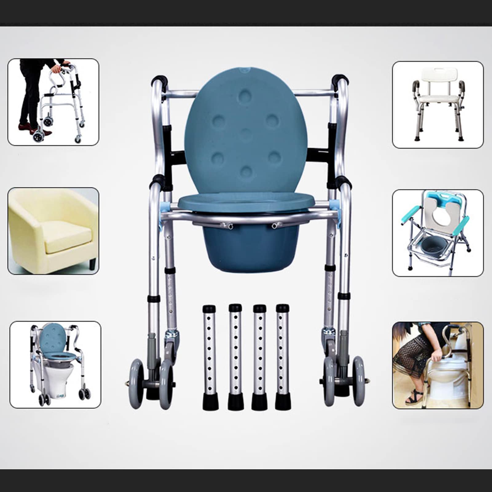 Andador para Ancianos con 2 Ruedas e Inodoro Andador Plegable Aleación de Aluminio Liviano Altura Ajustable Se Puede Usar en Interiores y Exteriores