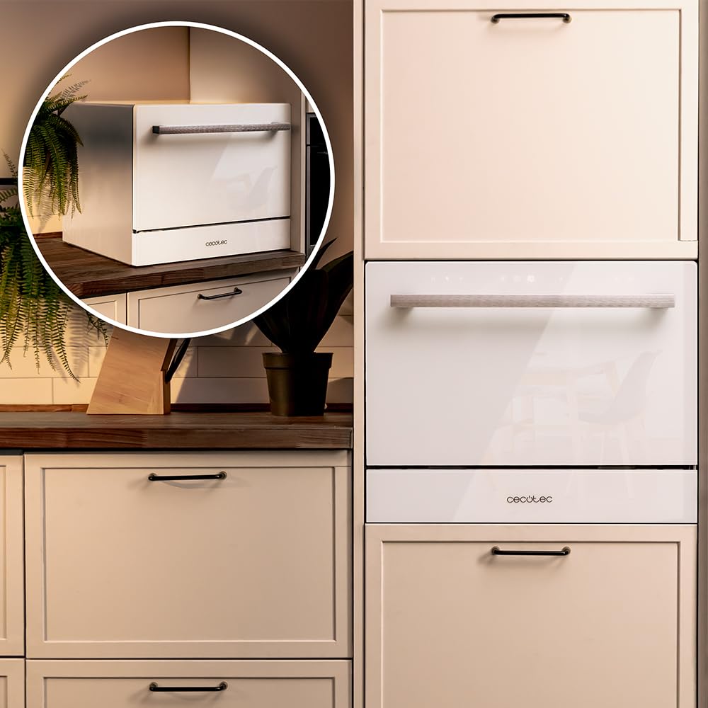 Cecotec Lavastoviglie Compact 6 Posate Bolero Aguazero 2400 White Glass, 1380 W, Finitura vetro bianco, 5 programmi, Controllo pannello touch, Programmabile fino a 24 ore, Child Lock e cestino per