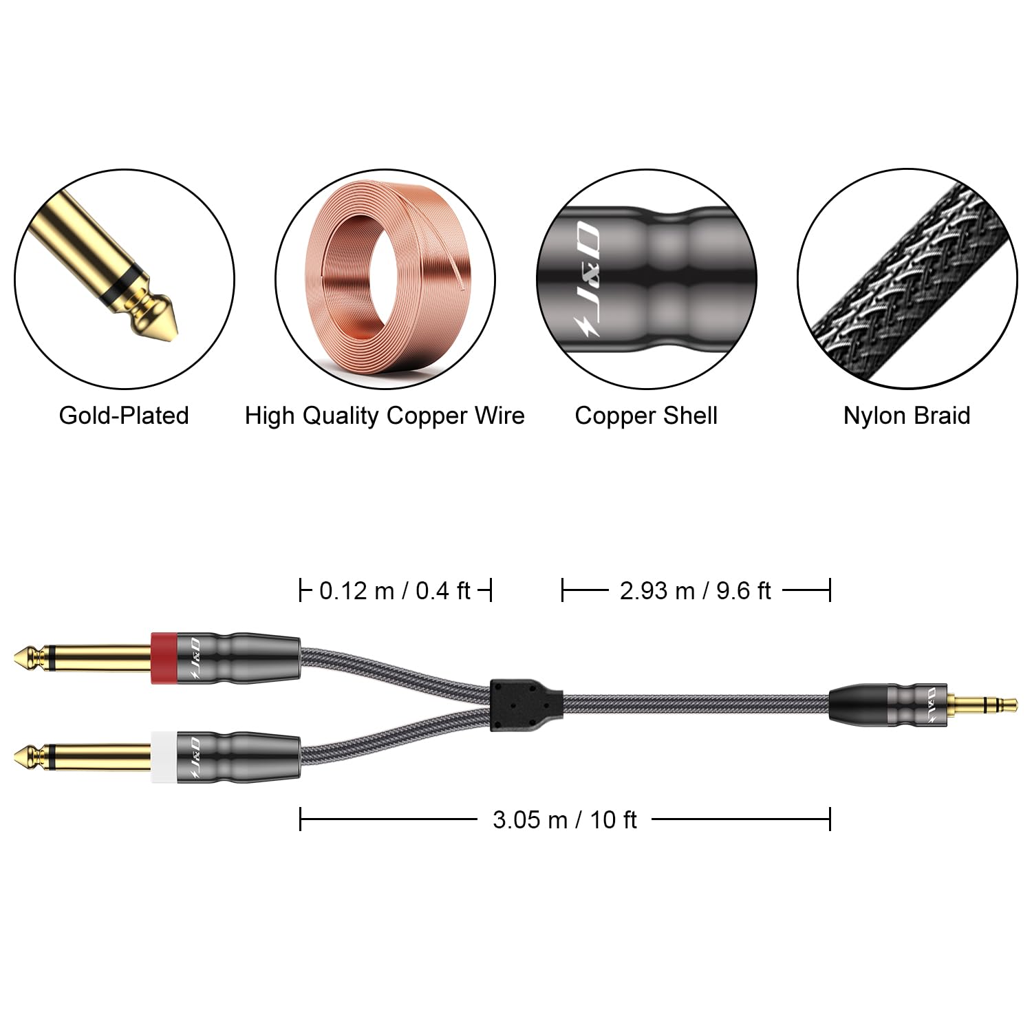 J&D Kabel jack 3,5 mm na 2 x 6,35 mm 3 m, 3,5 stereo AUX do 2 x męskich, duży adapter audio mono Y rozdzielacz do miksera, wzmacniacza, miksera, nagrywarki audio, gitary