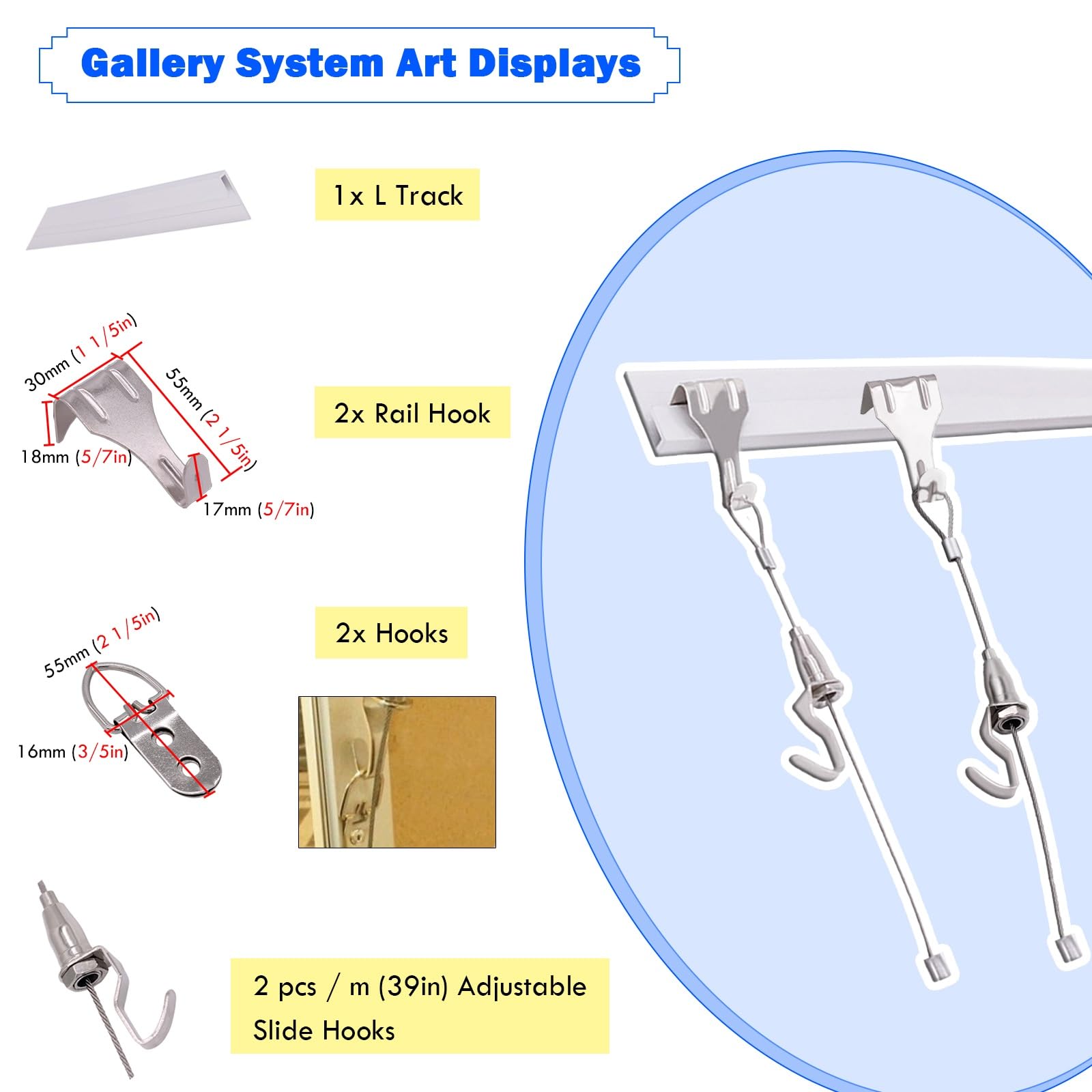 bilderschienen aufhängesystem Galeriesystem-Bilderschienen-Kunstaufhängeset, flexible weiße Bilderaufhängungsschiene mit verstellbaren Haken für Museen/Heimdekoration, Fotopräsentationsschiene(44"/111