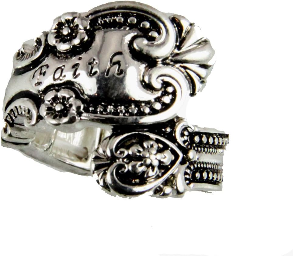 4030354 Spoon Style Stretch Ring Faith Inscribed Antiqued Finish Jewelry
