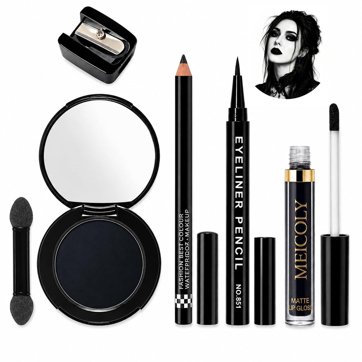 MEICOLY Gothic Black Makeup Kit - Smokey Black Eyeshadow,Liquid Lipstick,Lip-liner & Eyeliner for Goth Grunge Makeup,Halloween SFX Makeup Set for Cosplay, Costume Party & Theater