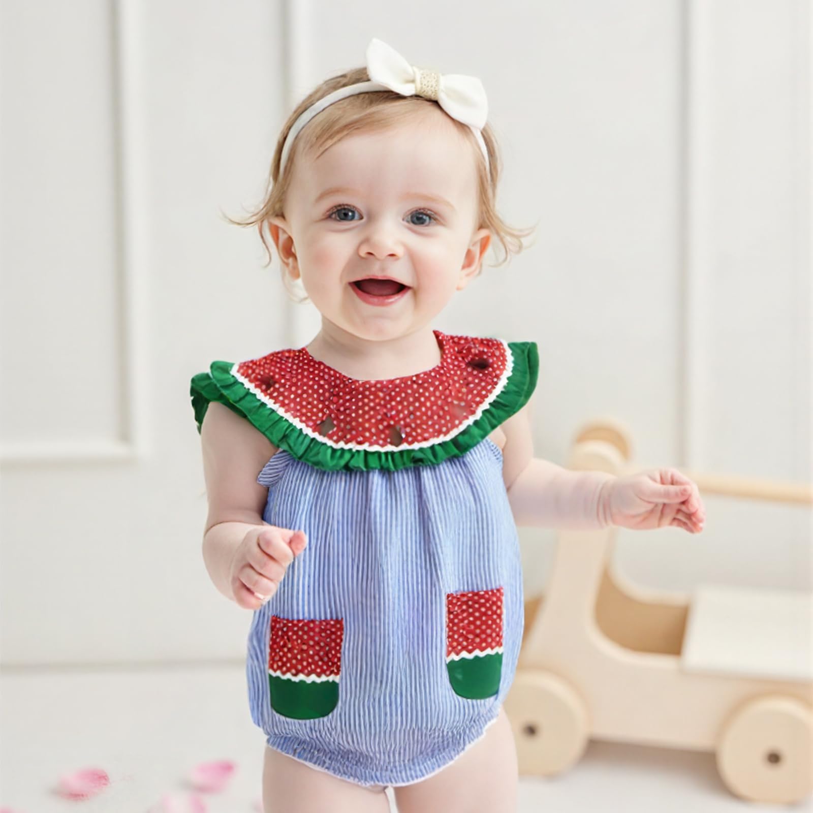 Motlapol Baby Girl Watermelon Romper Sleeveless Ruffle Smocked Bubble Bodysuit with Pockets Cute One Piece Summer Outfits (Blue, 12-18 Months)